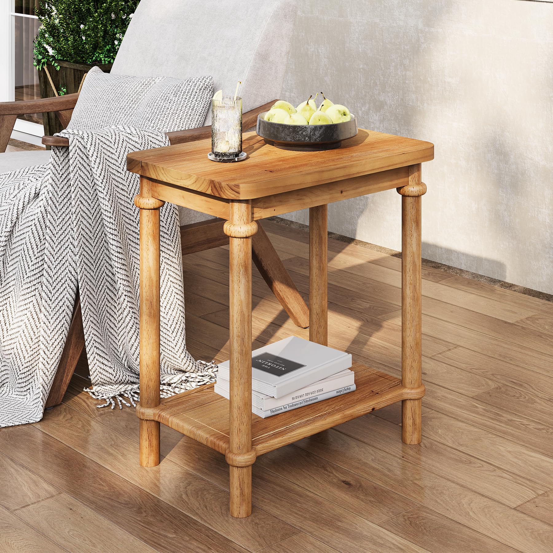 LITTLE TREE 2-Tier Side Table, Rectangular End Table with Storage Shelves & Round Tabletop Edges, Solid Wood Nightstand for Small Spaces, Living Room, Bedroom, Easy Assembly, Light Brown