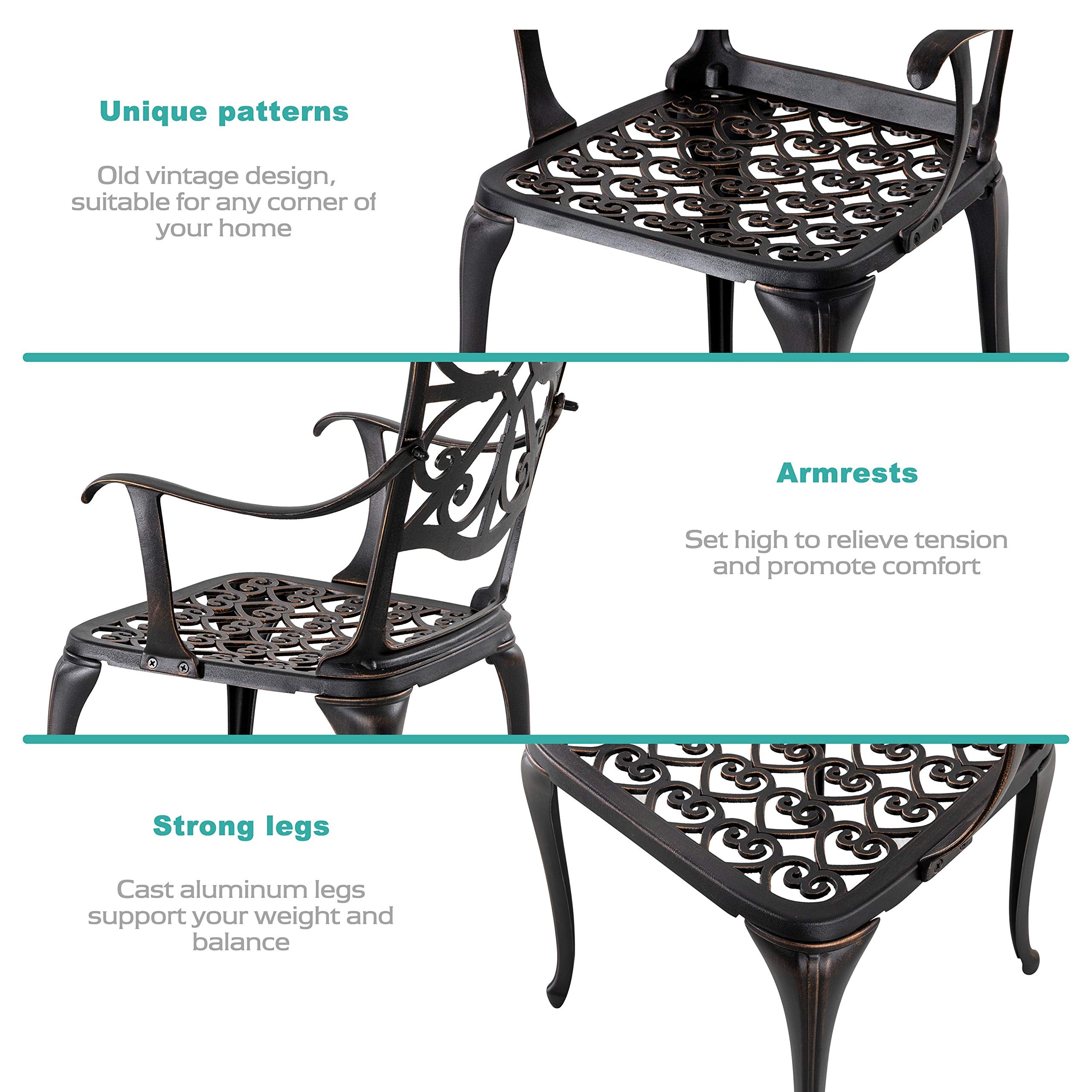 NUU GARDEN 3 Piece Outdoor Bistro Set Cast Aluminum Patio Set Bistro Table Set Rustproof Patio Table and Chairs with Umbrella Hole for Backyard, Balcony, Front Porch, Black