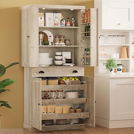 Freestanding Kitchen Pantry Cabinet with Drawer & Sliding Shelves