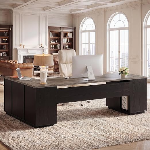 L-Shaped Executive Desk with File Drawers & Storage Cabinet