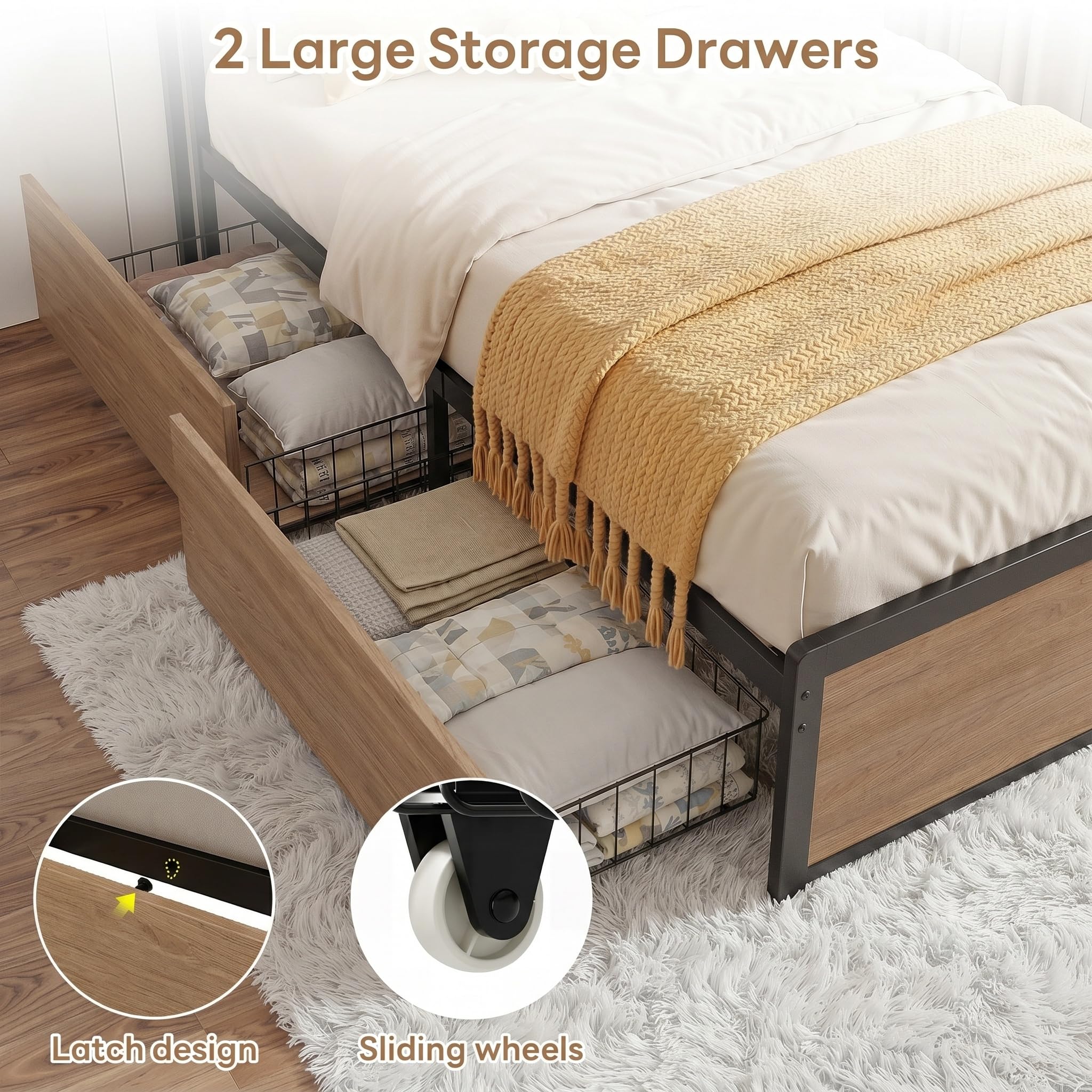Twin / Twin XL Bed Frame with Storage Drawers, LED Lights & Charging Station