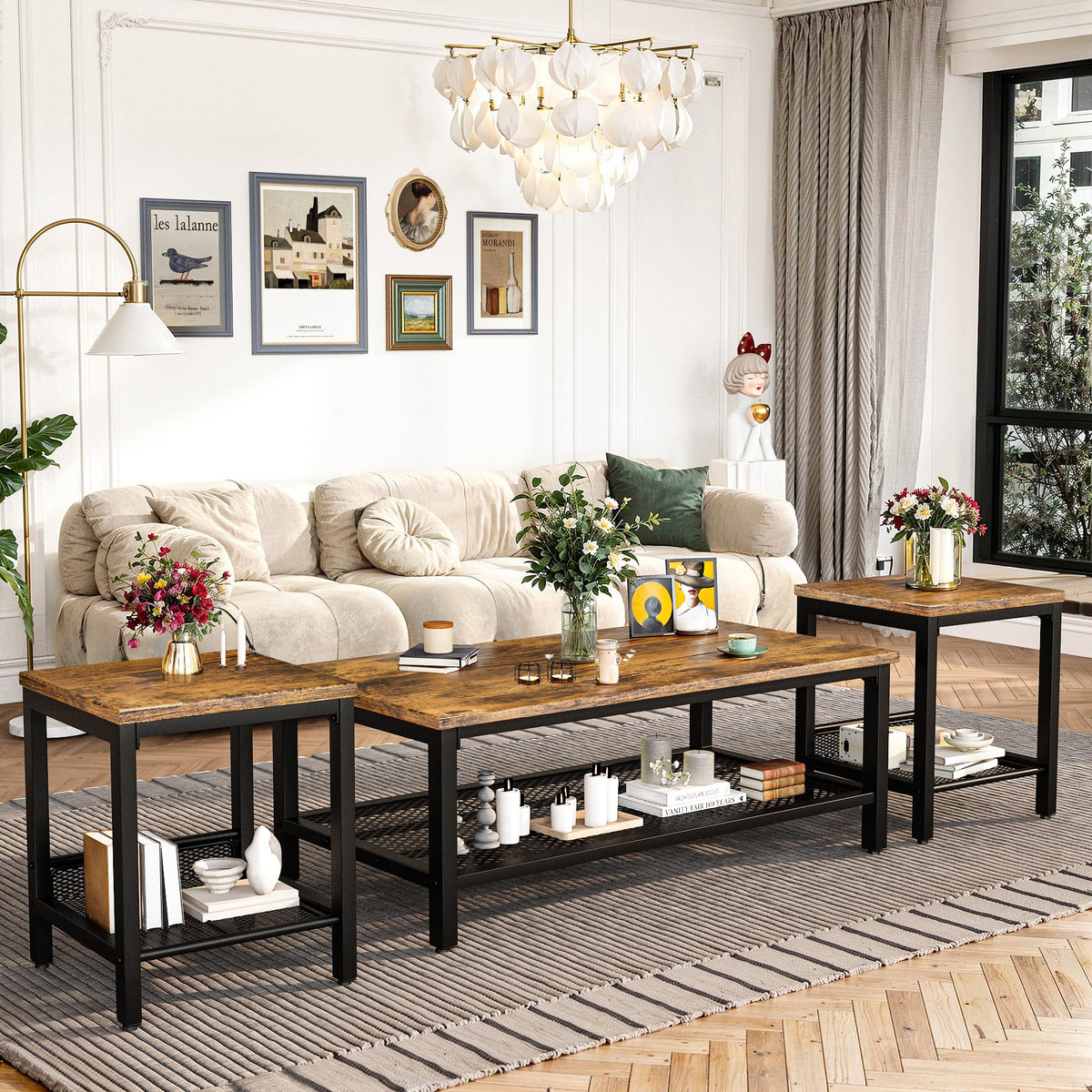 AWQM Coffee Table Industrial Coffee Table with 2 Square End Side Tables, Modern Living Room Table Set with Metal Frame for Apartment Home Office, Rustic Brown Set001