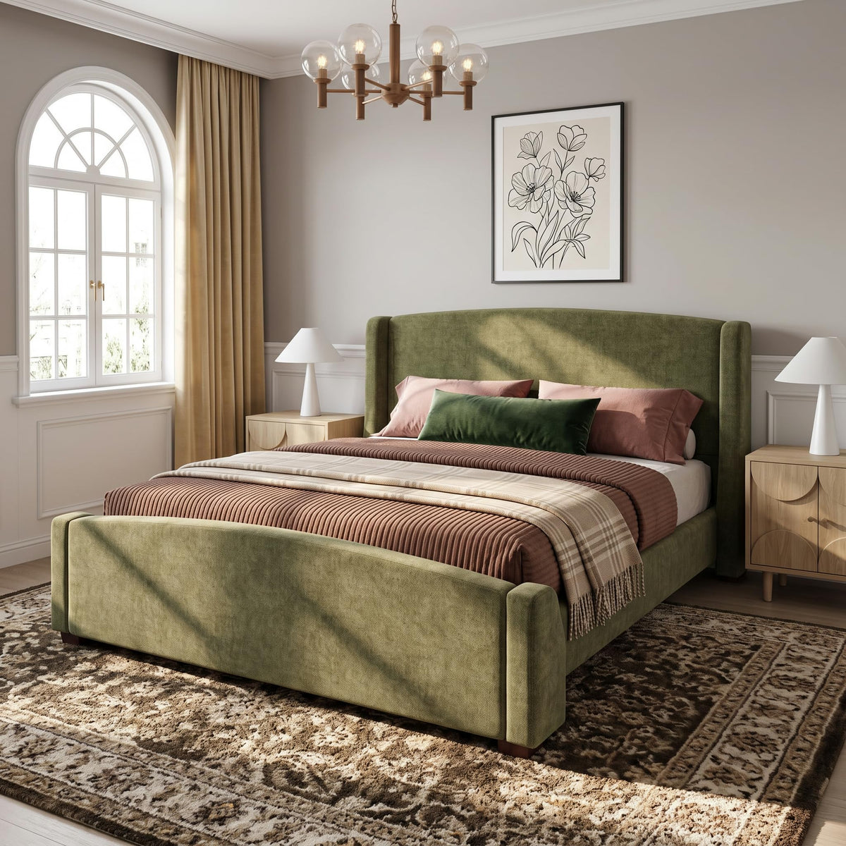 Merax Modern Upholstered Bed Frame with Wingback Headboard, Olive Green
