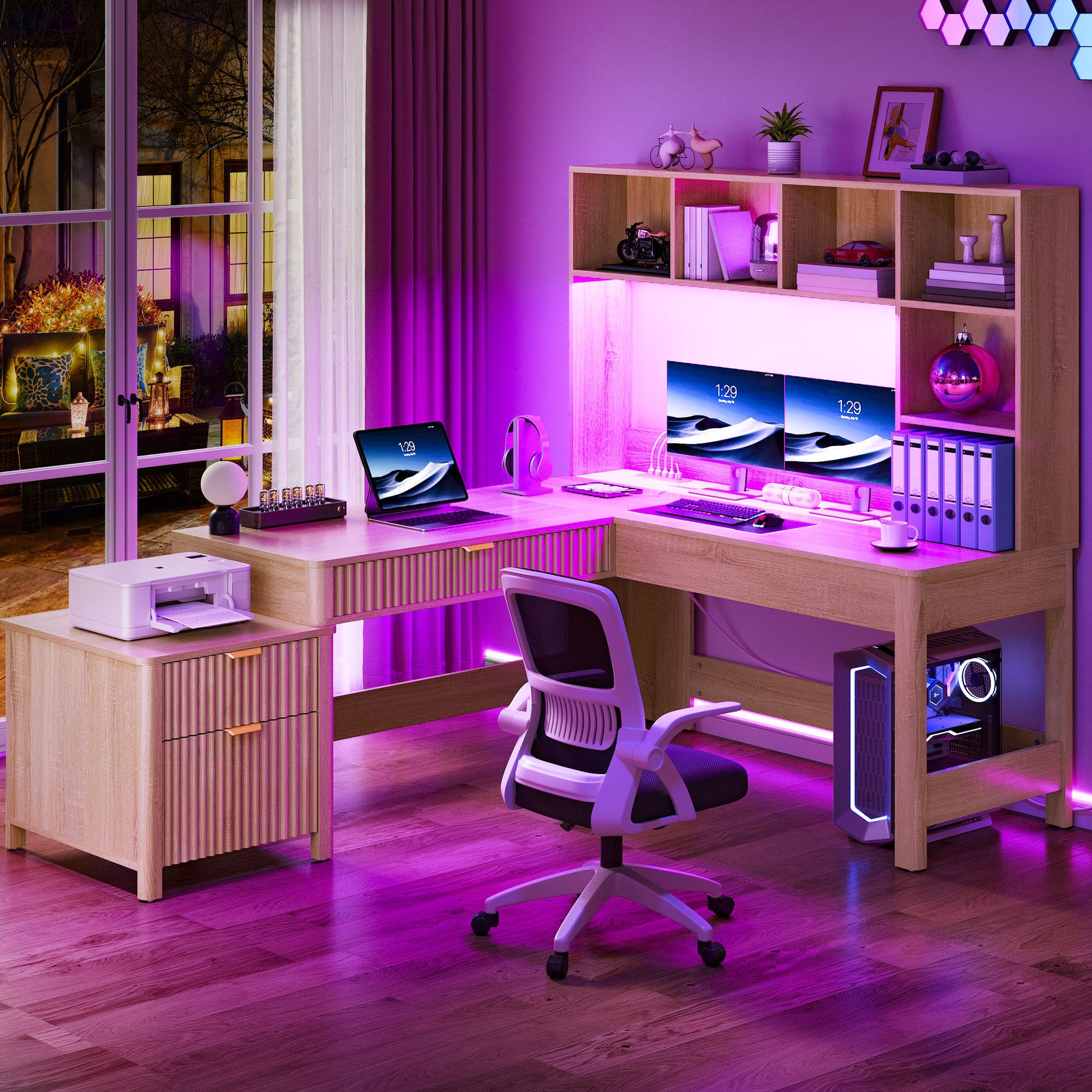 L-Shaped Desk with Hutch, Drawers & Power Outlets