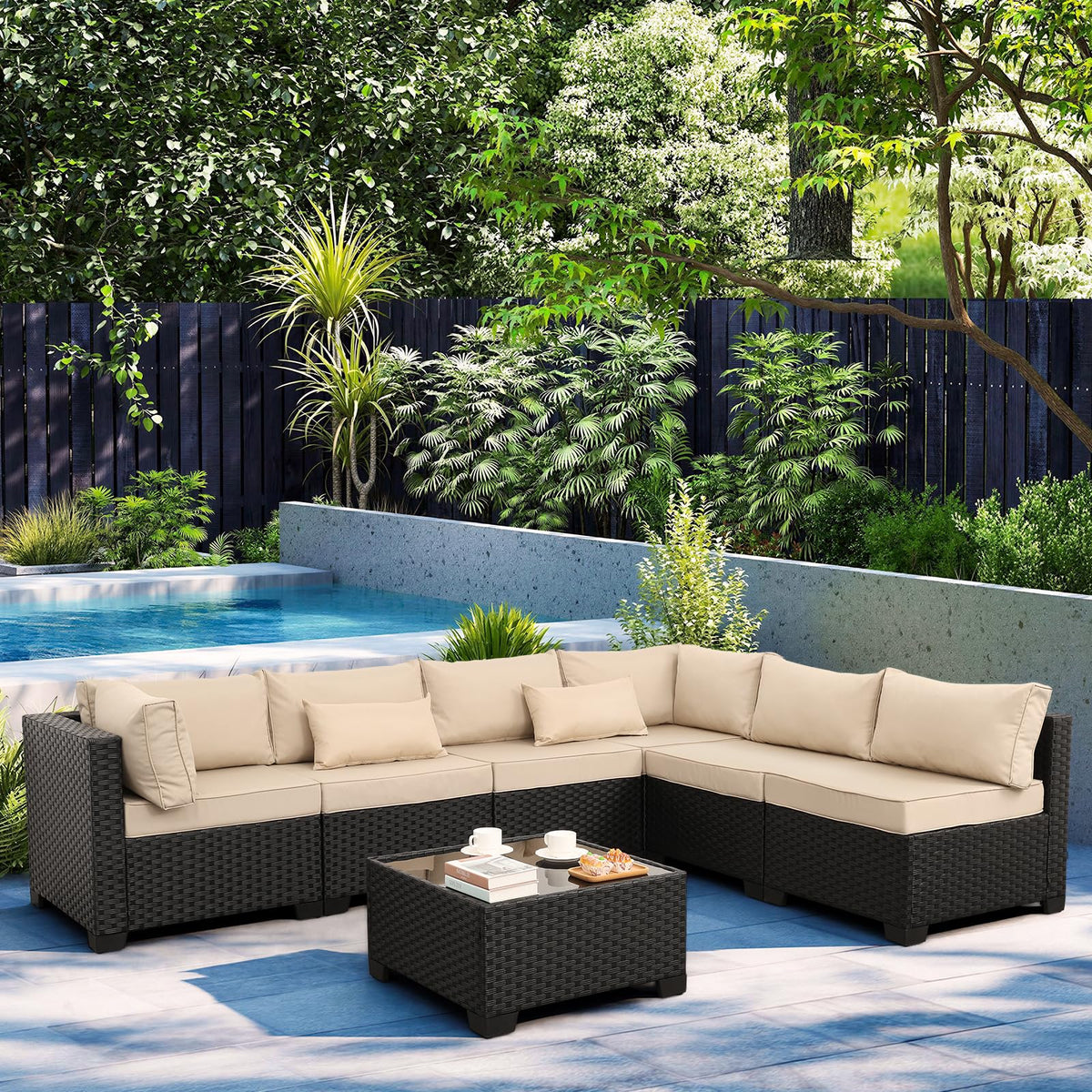 Lviden 7 Pieces Outdoor PE Wicker Furniture Set Patio Rattan Sectional Conversation Sofa Set with Khaki Cushions and Glass Top Table