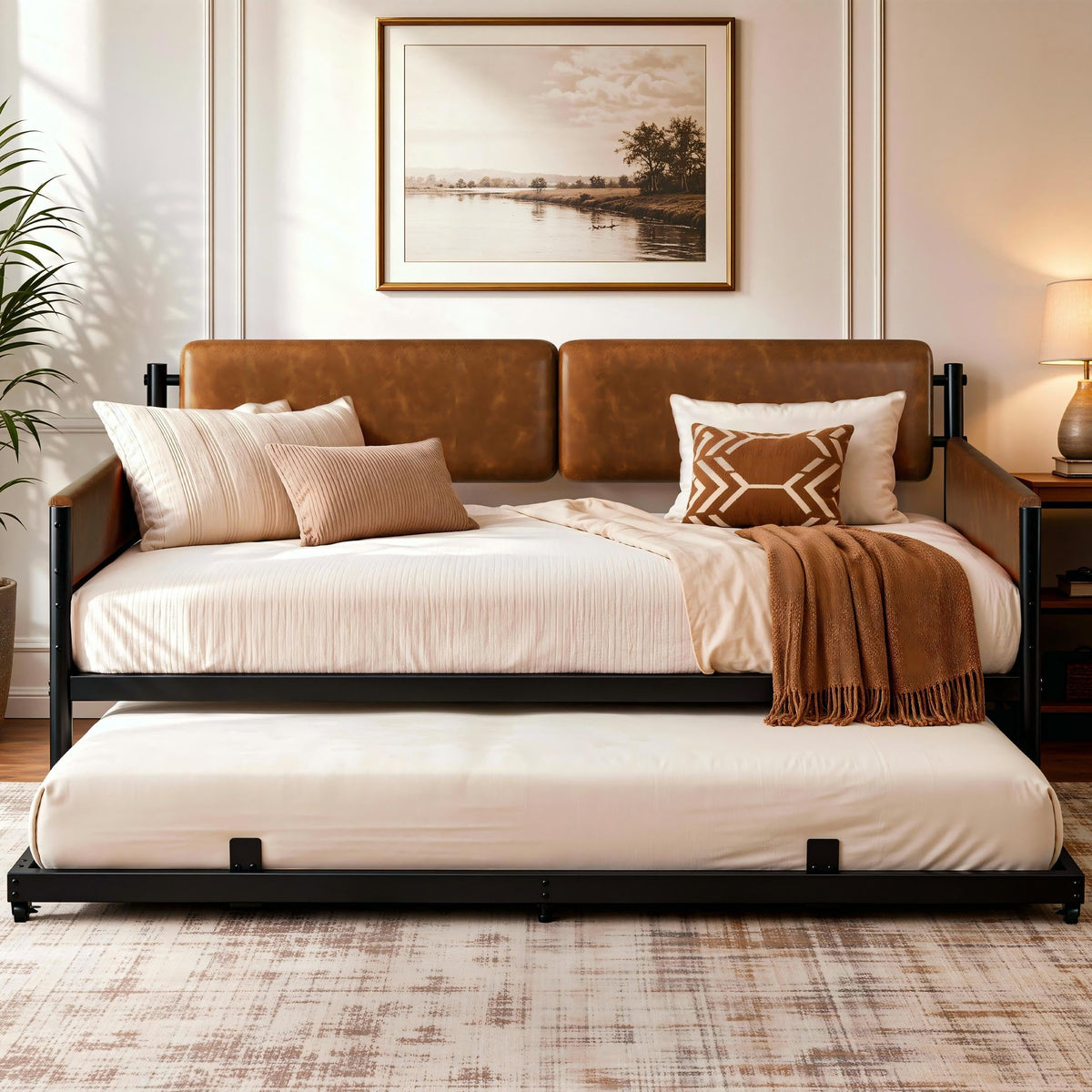 LIKIMIO Twin Upholstered Daybed with Pull Up Trundle, Brown