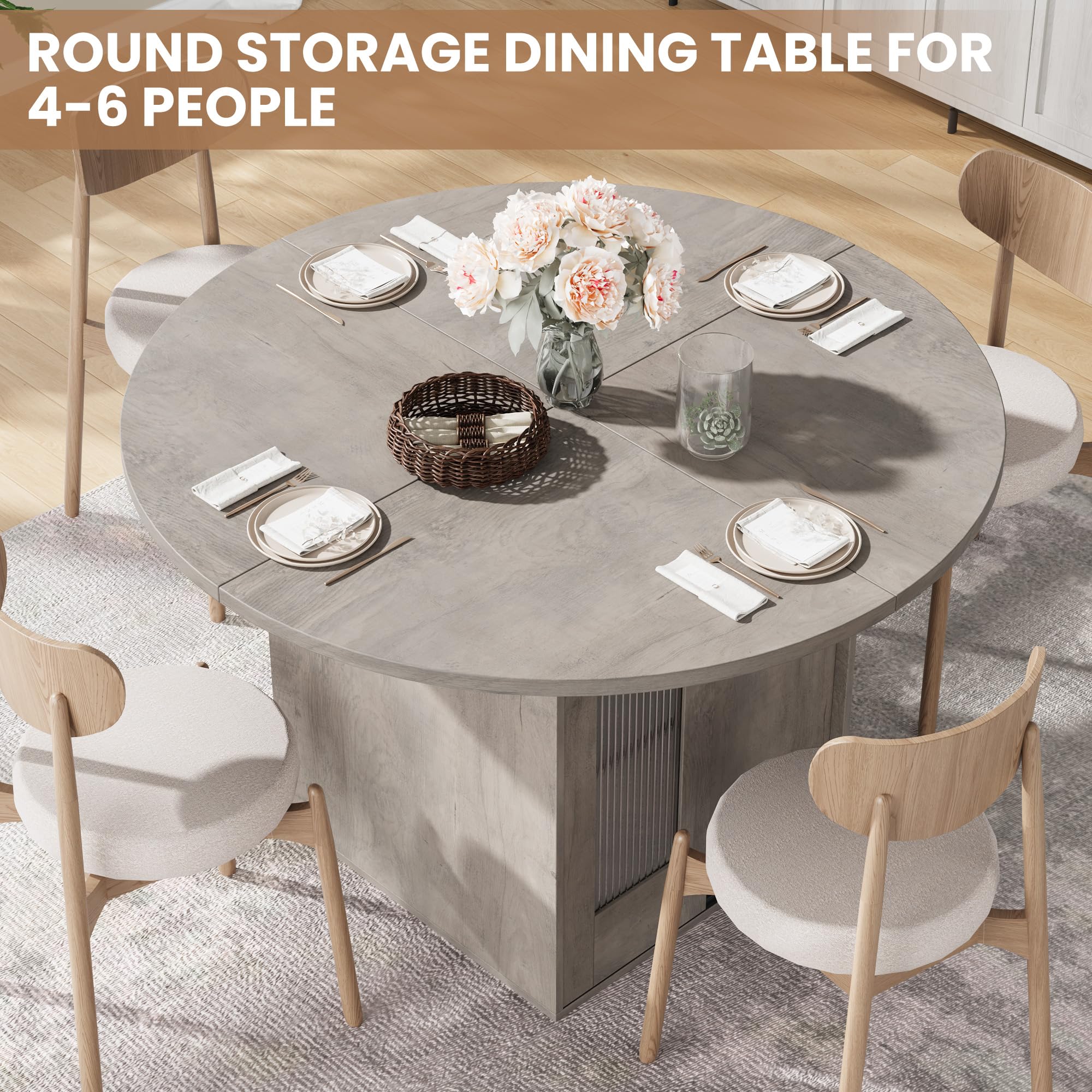 Garvee 47" Round Dining Table with Storage for 4-6, Farmhouse Wooden Circle Dining Table with Sliding Door & 2-Tier Shelf, Kitchen Dinner Table for Dining Room, Living Room, Kitchen, Grey