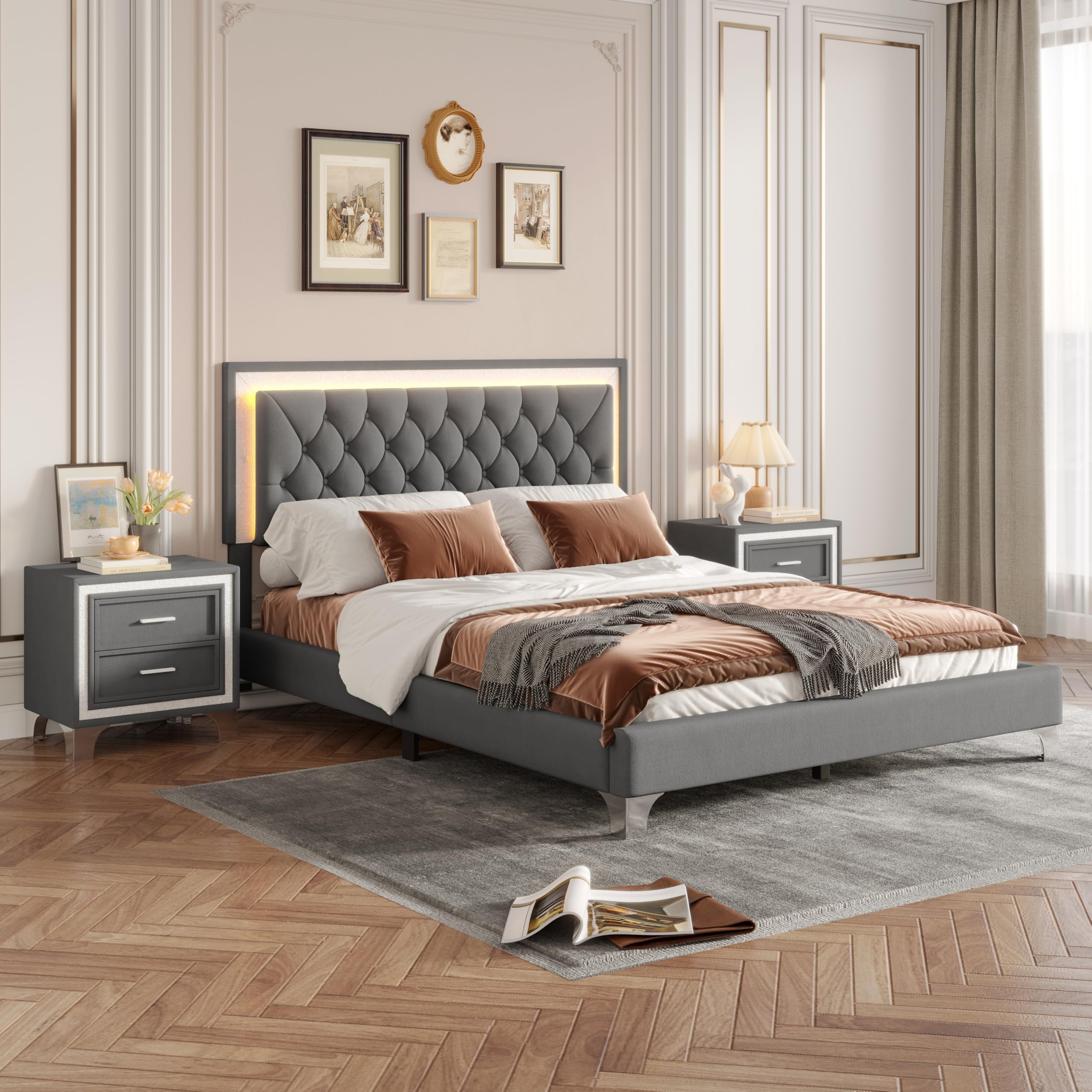 Queen Upholstered Platform Bed with LED & 2 Nightstands