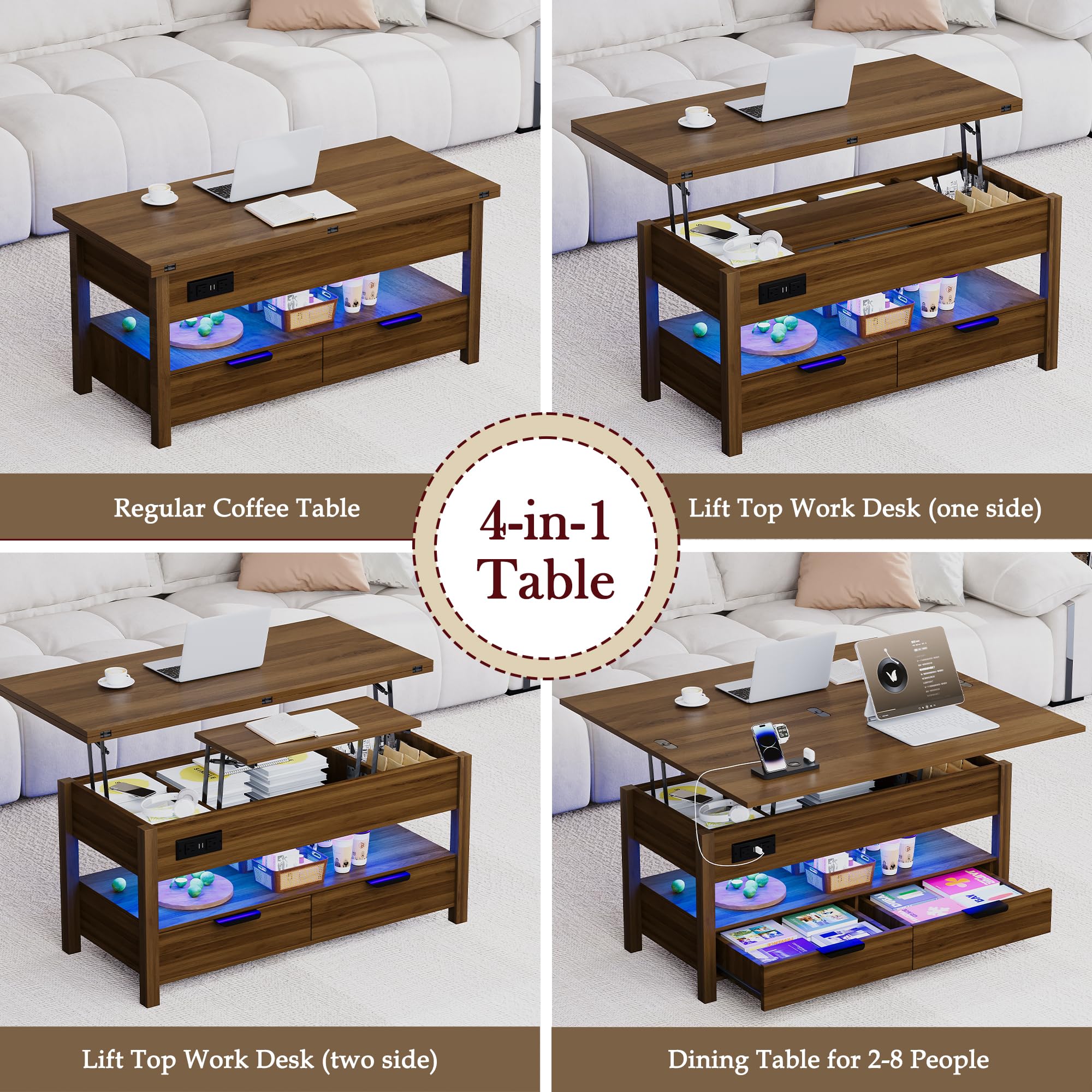 Cakhdry 40" Lift Top Coffee Table, Smart Coffee Tables with Power Outlets & LED Lights, Modern Center Table Converts to Dining Table with Lifting Top and Storage for Living Room, Walnut