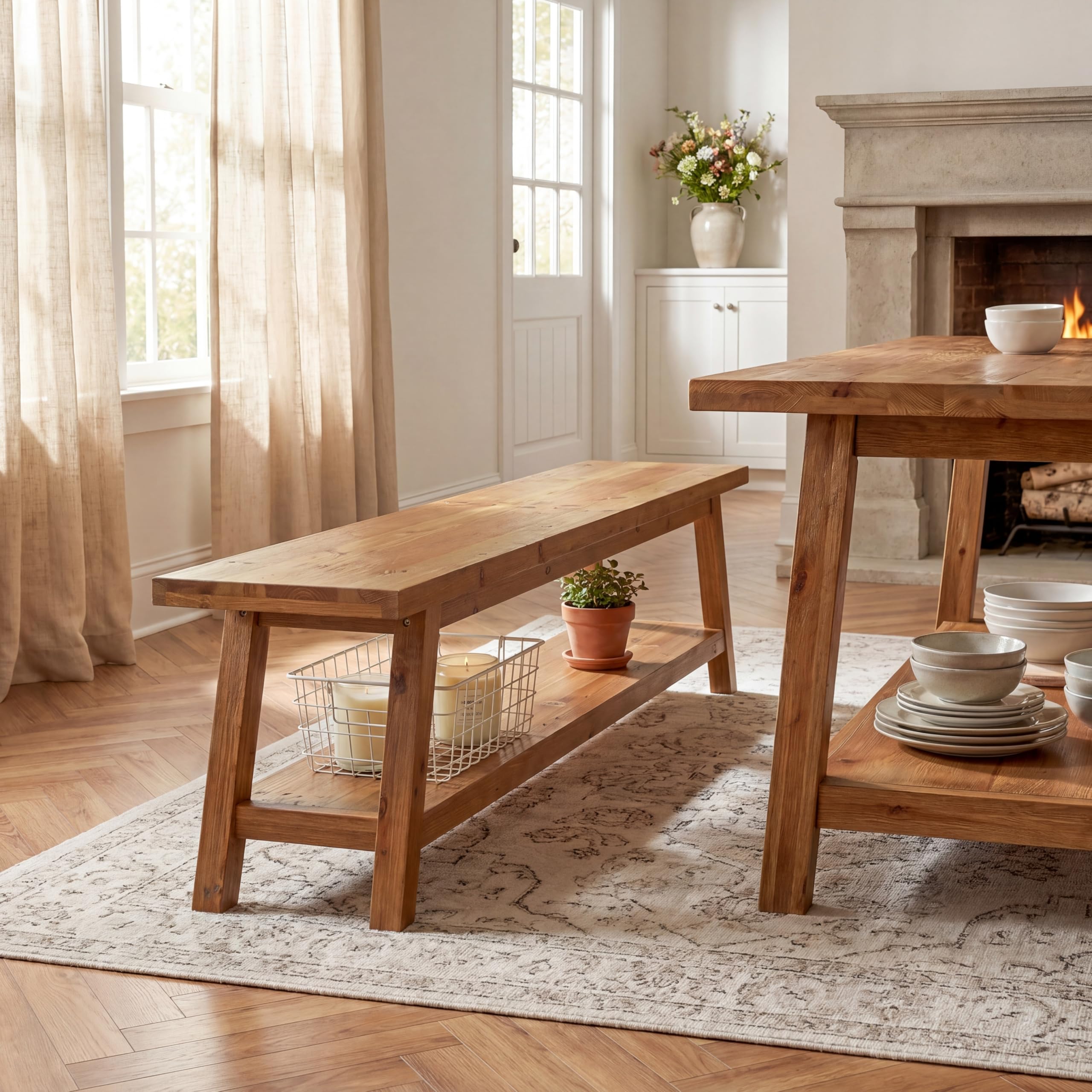 Tribesigns Farmhouse Solid Wood Dining Bench, 63-Inch Rustic Indoor Bench with Lower Storage Shelf for Dining Room, Kitchen, Living Room, Entryway, Natural Wood Finish (1)