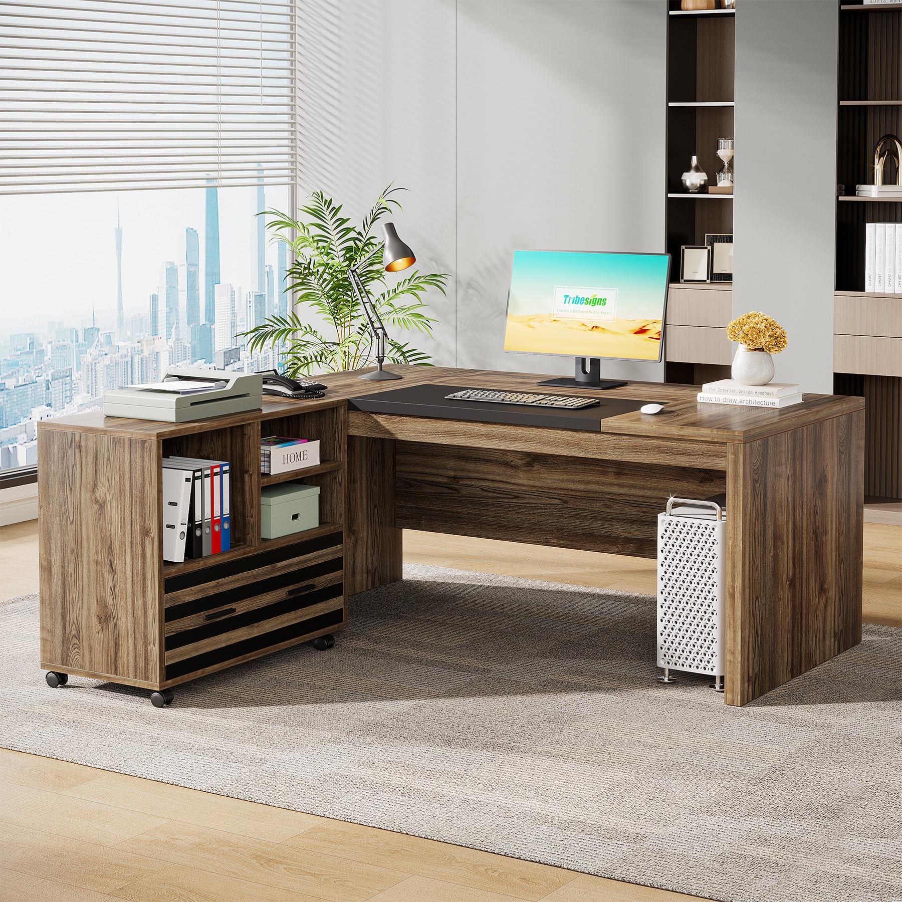 L-Shaped Executive Desk with Mobile File Cabinet