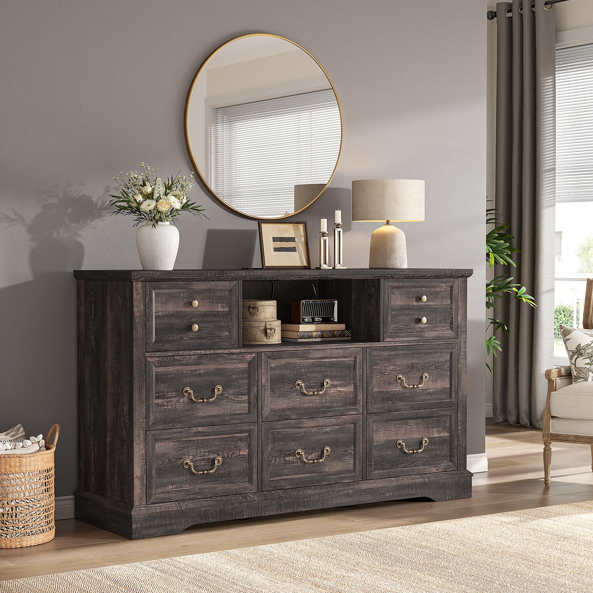 EnHomee 8 Drawers Dresser with Power Outlets and LED Lights,55" W Rustic Wooden Dressers & Chests of Drawers for Bedroom, Hallway, Rustic Oak, 55" W x 34.5" H x 15.7" D