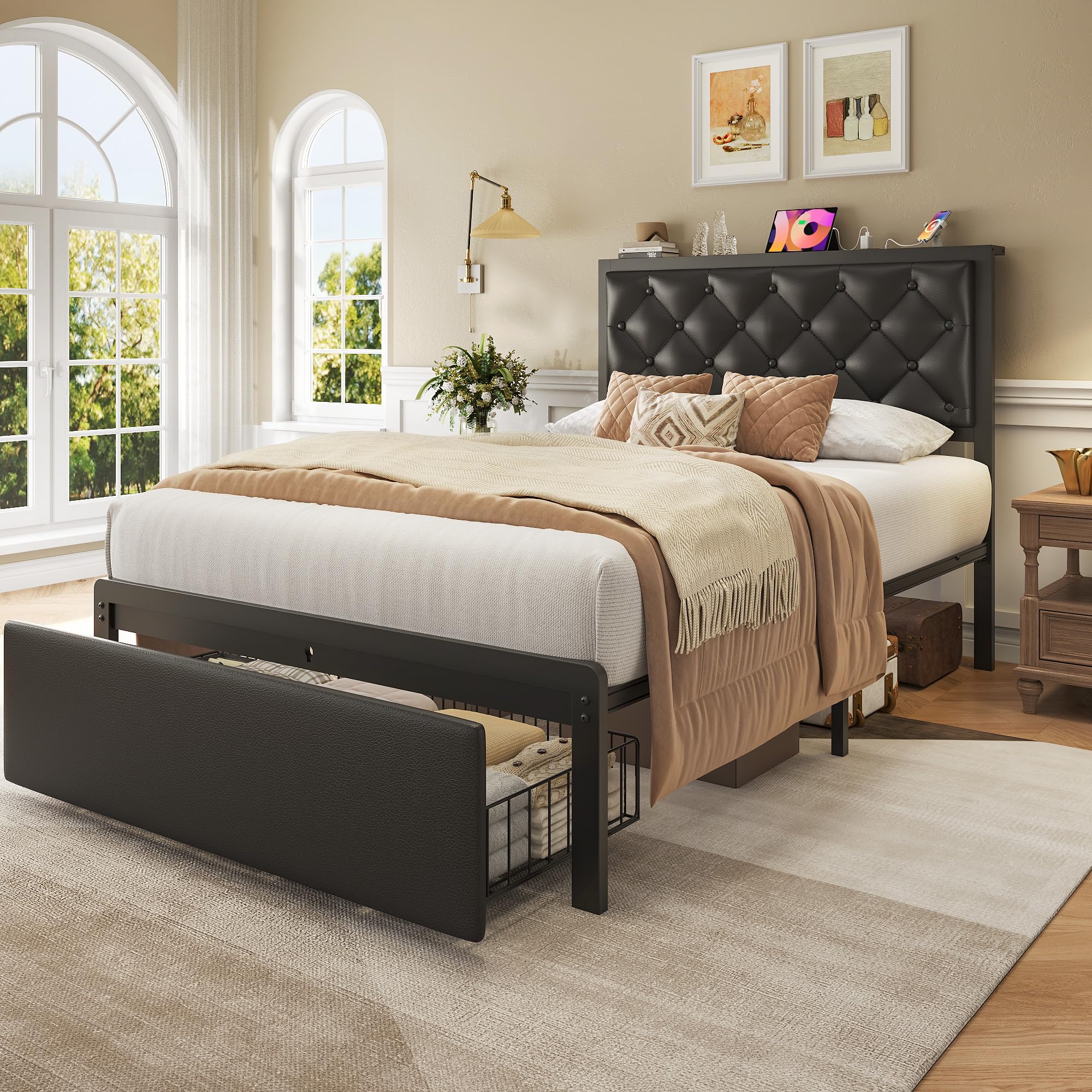 Queen Bed Frame with Storage Drawers & Charging Station