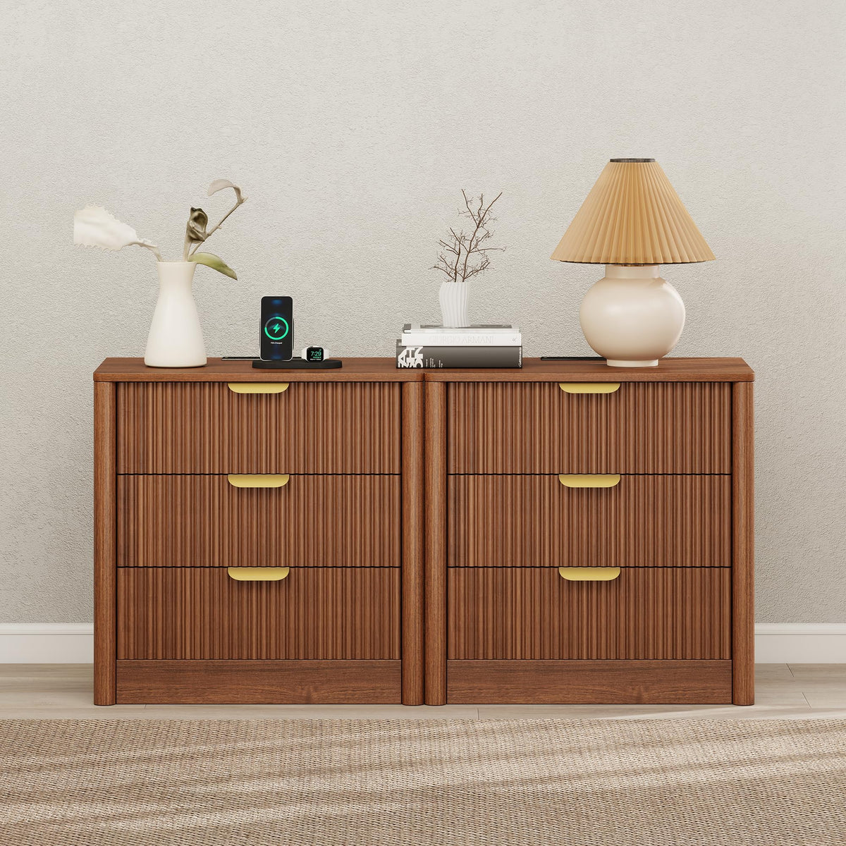 PLRSOZIM 23.6" Walnut Fluted Nightstand with Charging Station and 3 Drawers