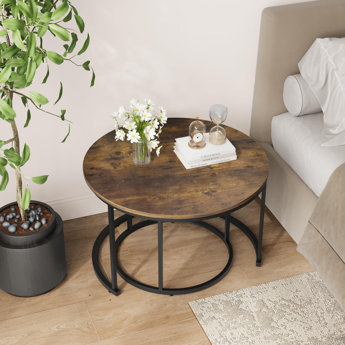 Smuxee Rustic Nesting Coffee Table Set of 2, 27.6" Round Coffee Table Wooden Marble Pattern with Adjustable Non-Slip Feet, Industrial End Table for Living Room Bedroom Balcony