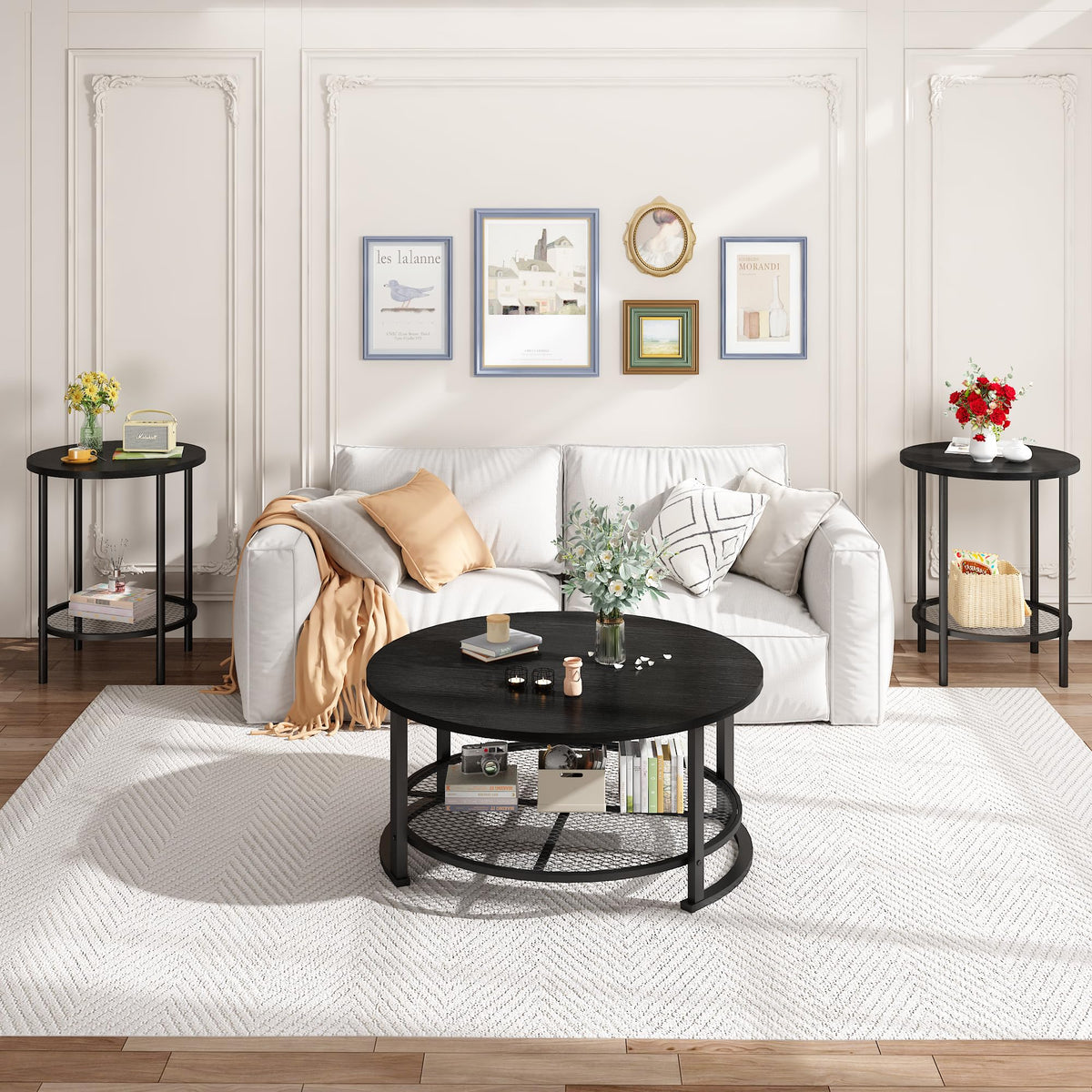 Recaceik Round Coffee Table and End Table Set of 3 with Storage, Modern Vintage Black Coffee Table and Side Table for Living Room, Office, Apartment, Small Space