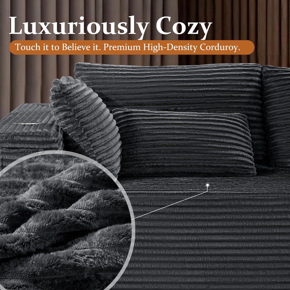 VYUXWO 108" Oversized Cloud Sectional Couch, Comfort U Shaped Boneless Couch for Living Room, Extra Deep Seats No Assembly, Modular Sofa, Corduroy (Dark Grey, 2 Seater + Left Facing Chaise + Ottoman)