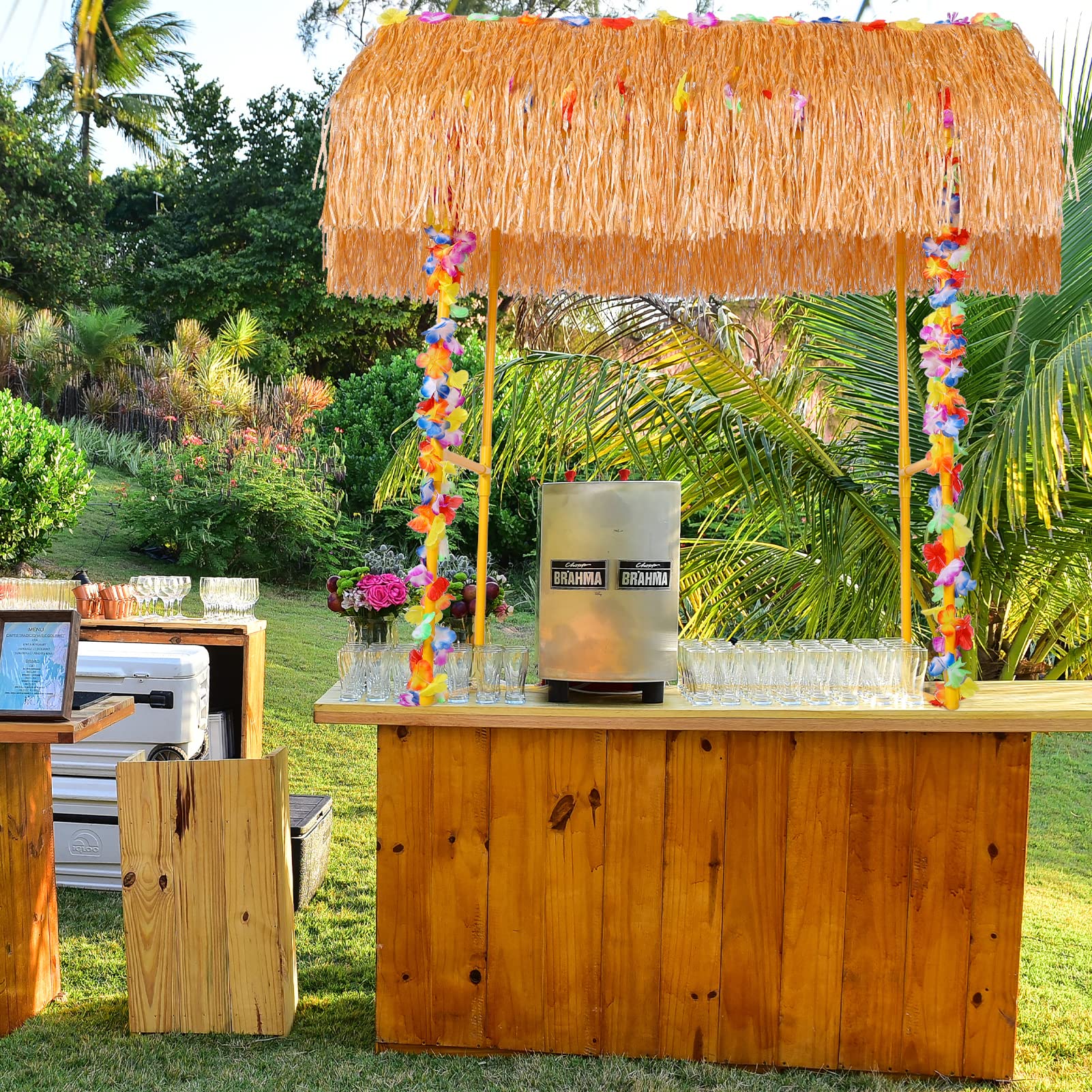 Auihiay Tiki Bar Hut, Tiki Bar Kit Includes Reusable Tiki Bar, Luau Party Flower Garland and Table Skirt for Summer Party, Luau Party Decorations