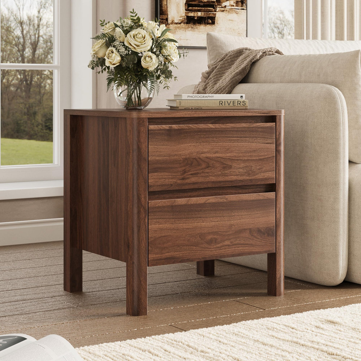 MAISONARIA Living Room Table Sets of 3, Mid Century Coffee Table & End Table Set of 2, Sliding Door Coffee Table with Storage, Modern End Table for Living Room, Walnut