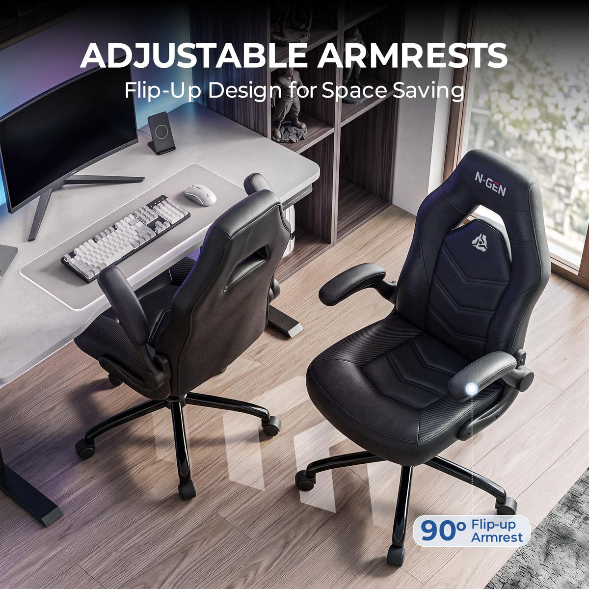 N-GEN GAMING Gaming Chair, Lumbar, PU Leather, Flip-Up Arms, Jet Black