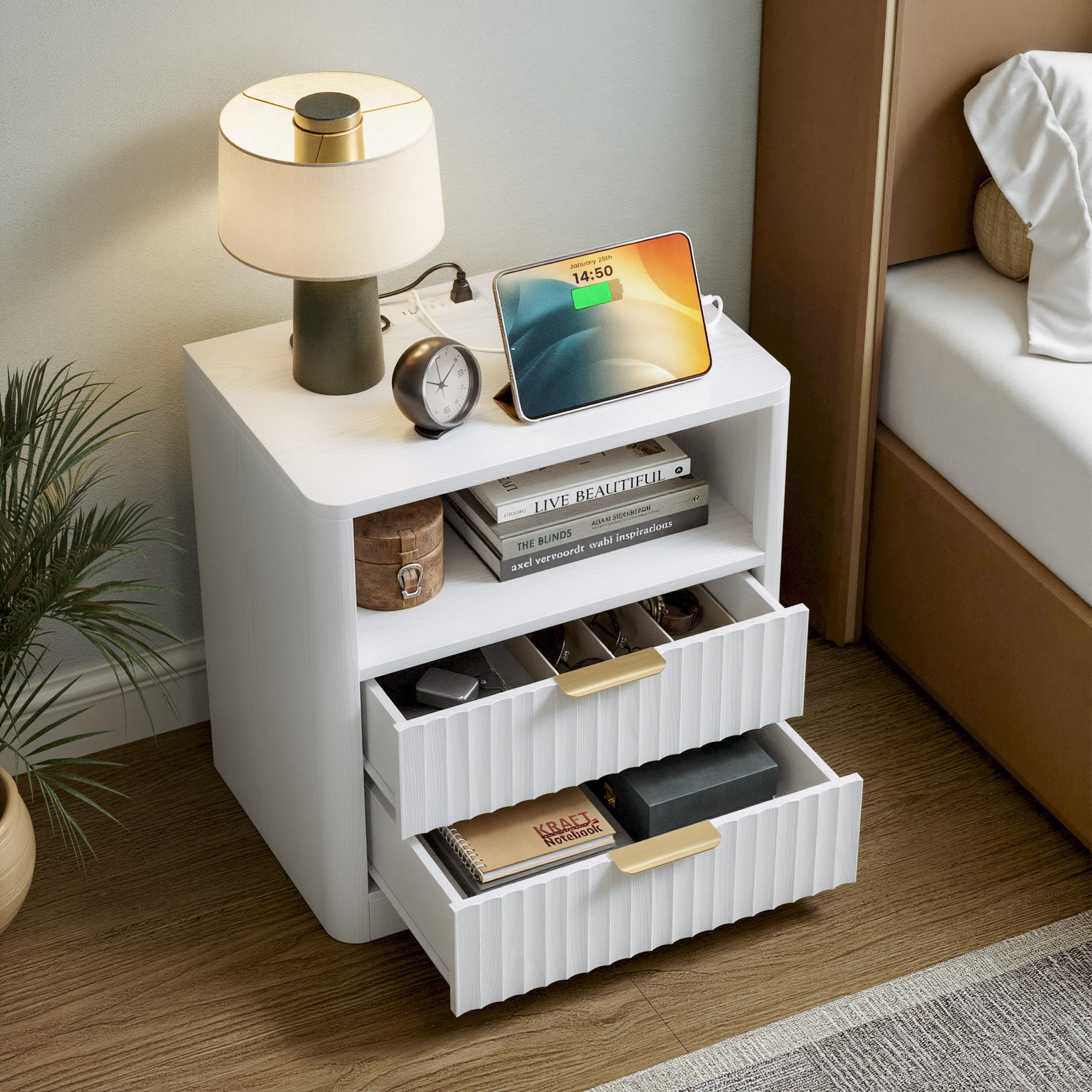 IRONCK Fluted Night Stand Set of 2, Modern Nightstand with Charging Station, Drawers and Open Shelves - Bedside Table Wood Side Table Set for Bedroom, White