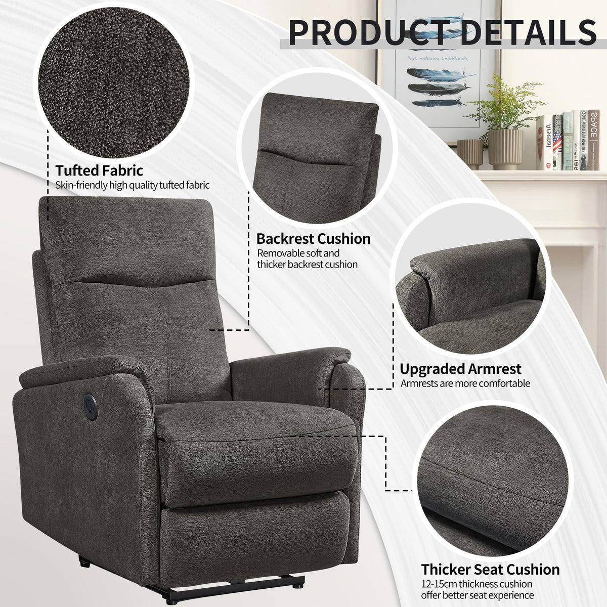 Electric Power Recliner Chair with USB Port, Dark Greyish Brown Fabric Single Sofa for Small Spaces, Ergonomic Lounge Chair with Padded Armrests for Living Room, Bedroom, 30" W x 35.4" D x 39.8" H