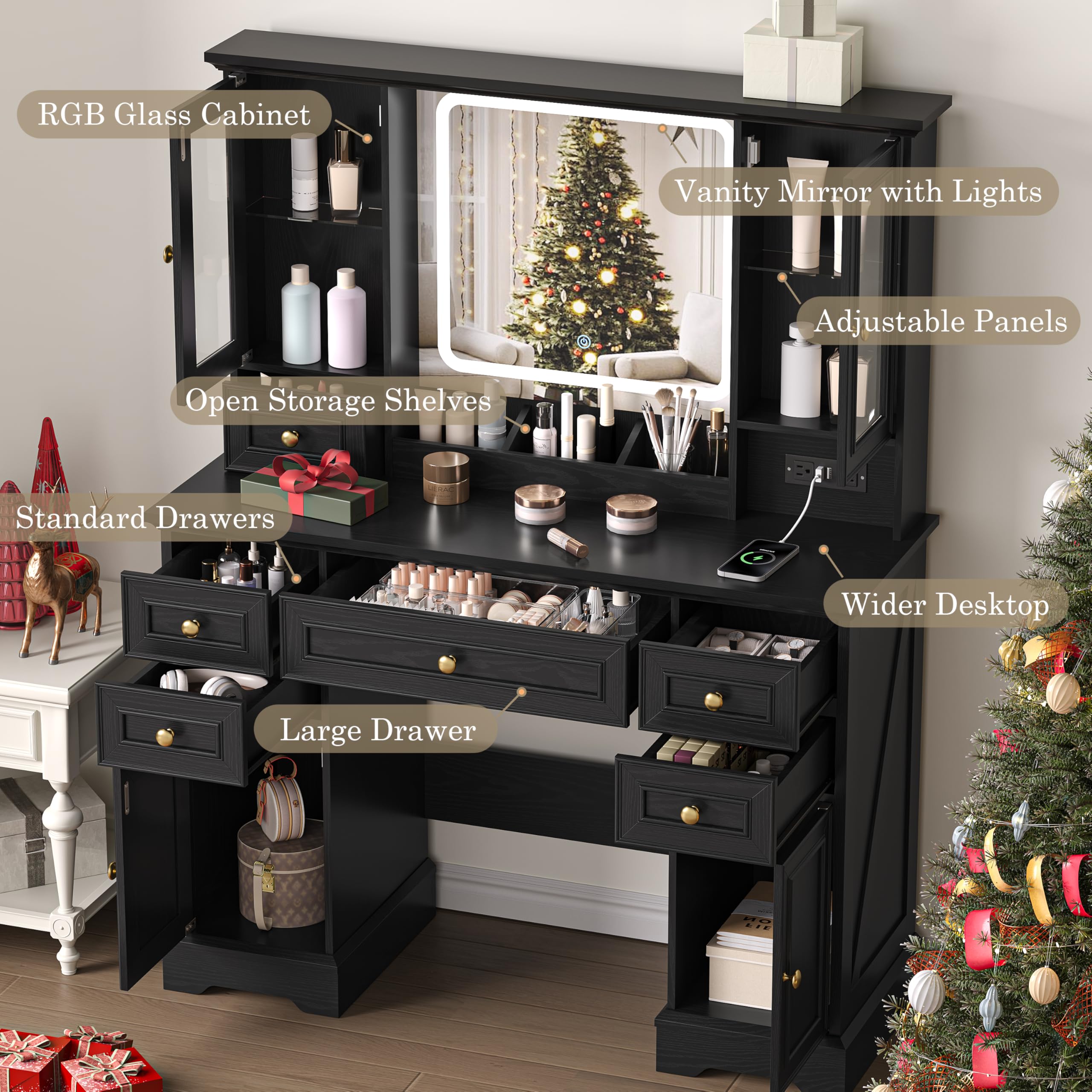 Makeup Vanity Desk with Mirror and Lights, Farmhouse Vanity Table Set with 6 Drawer&Charging Station, Makeup Desk with RGB Cabinets, Black Vanity with Lighted Mirror for Girls Women, 3 Light Modes