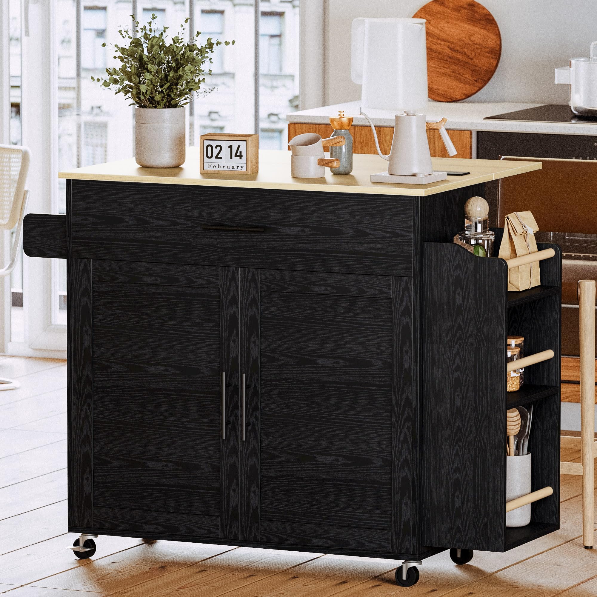 Rolling Kitchen Island with Drop Leaf & Charging Station