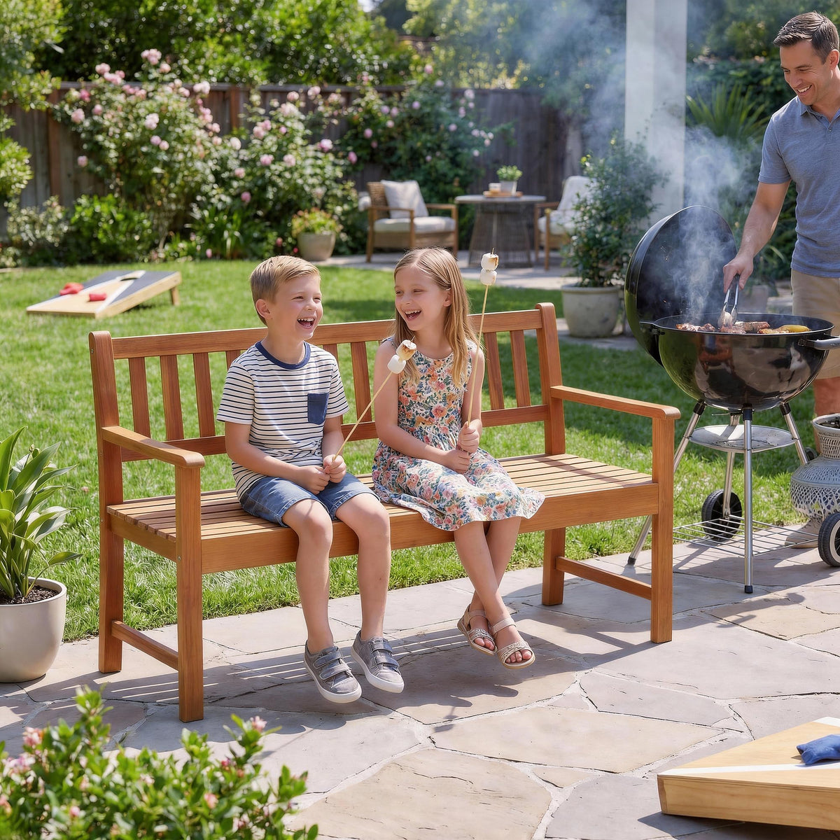 Acacia Outdoor Bench with Pull-Up Table