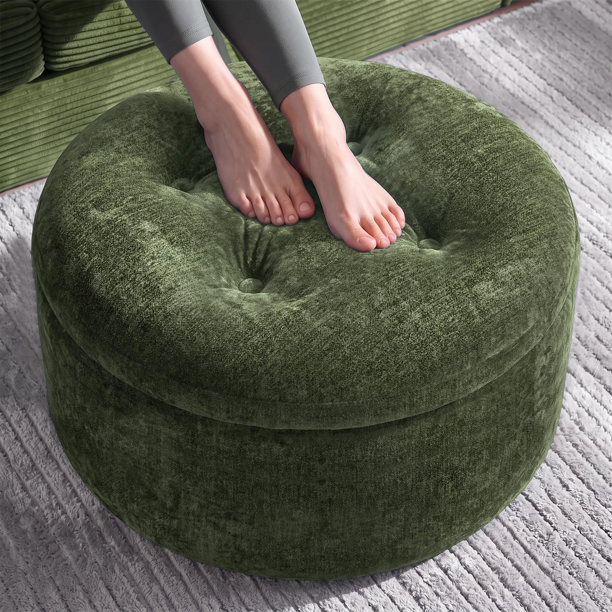 Fabulcozy 23.6in Round Pouf Ottoman, Chenille Ottoman Foot Rest with Dual‑Layer Support, Large Plush Pouf with Soft Chunk‑Foam Top & Firm Foam Base, Floor Foot Stool for Living Room, Green