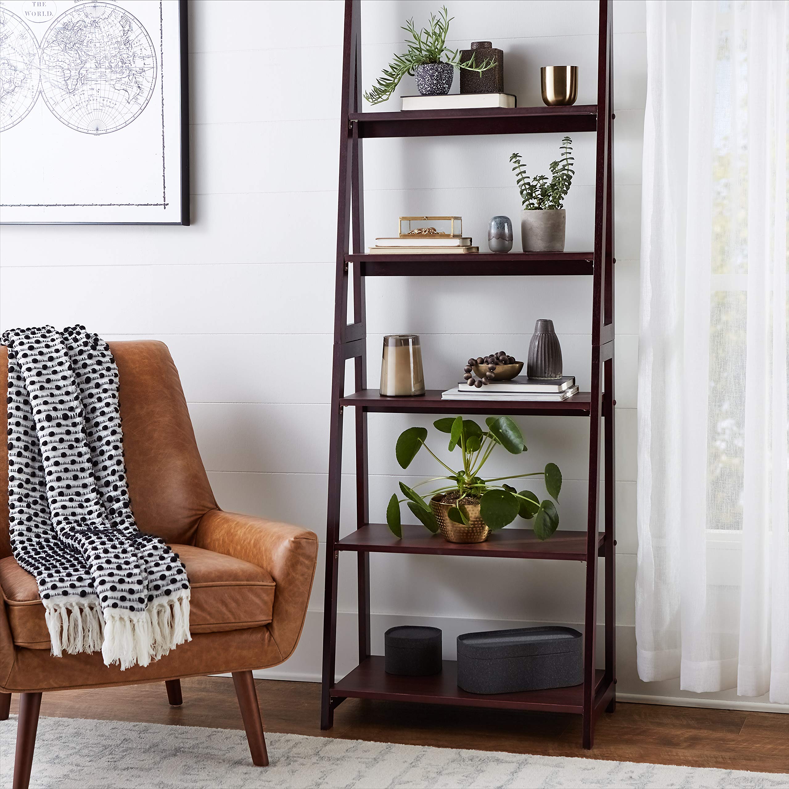 Amazon Basics 5-Tier Ladder Bookshelf Storage Organizer, Solid Rubberwood Frame, Space-Saving Bookcase, Sturdy Shelves, Walnut Finish, 14" D x 24.8" W x 70.1" H
