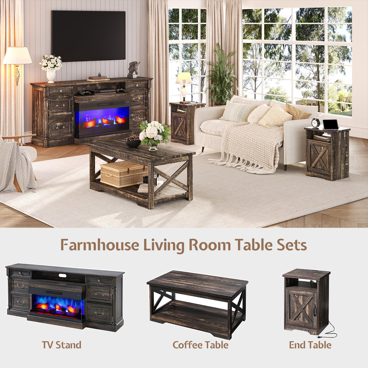 LUXOAK 3 Piece Living Room Table Set with Barn Door, Black Oak