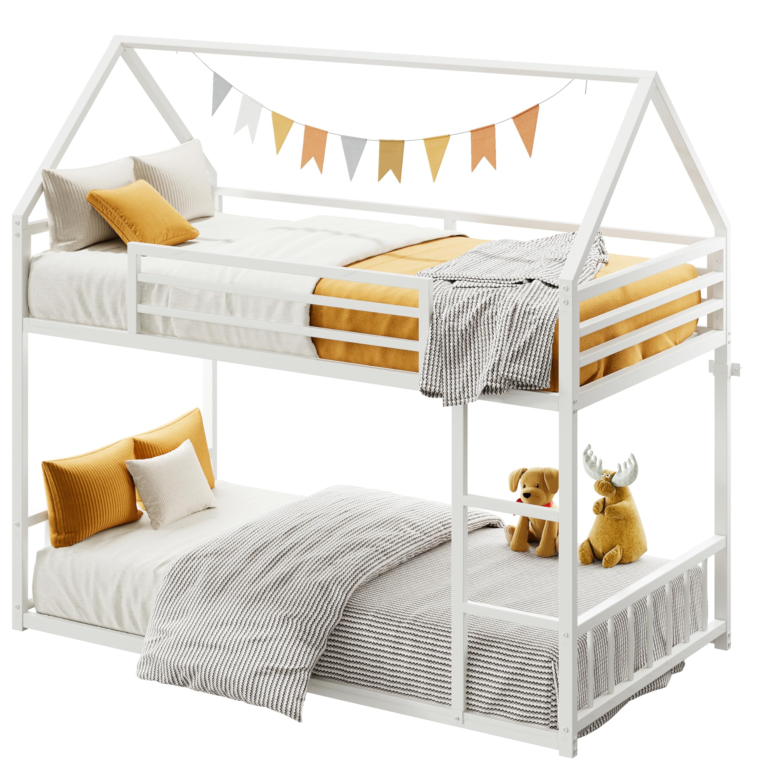 Twin Over Twin House Bunk Bed with Ladder & Guardrail