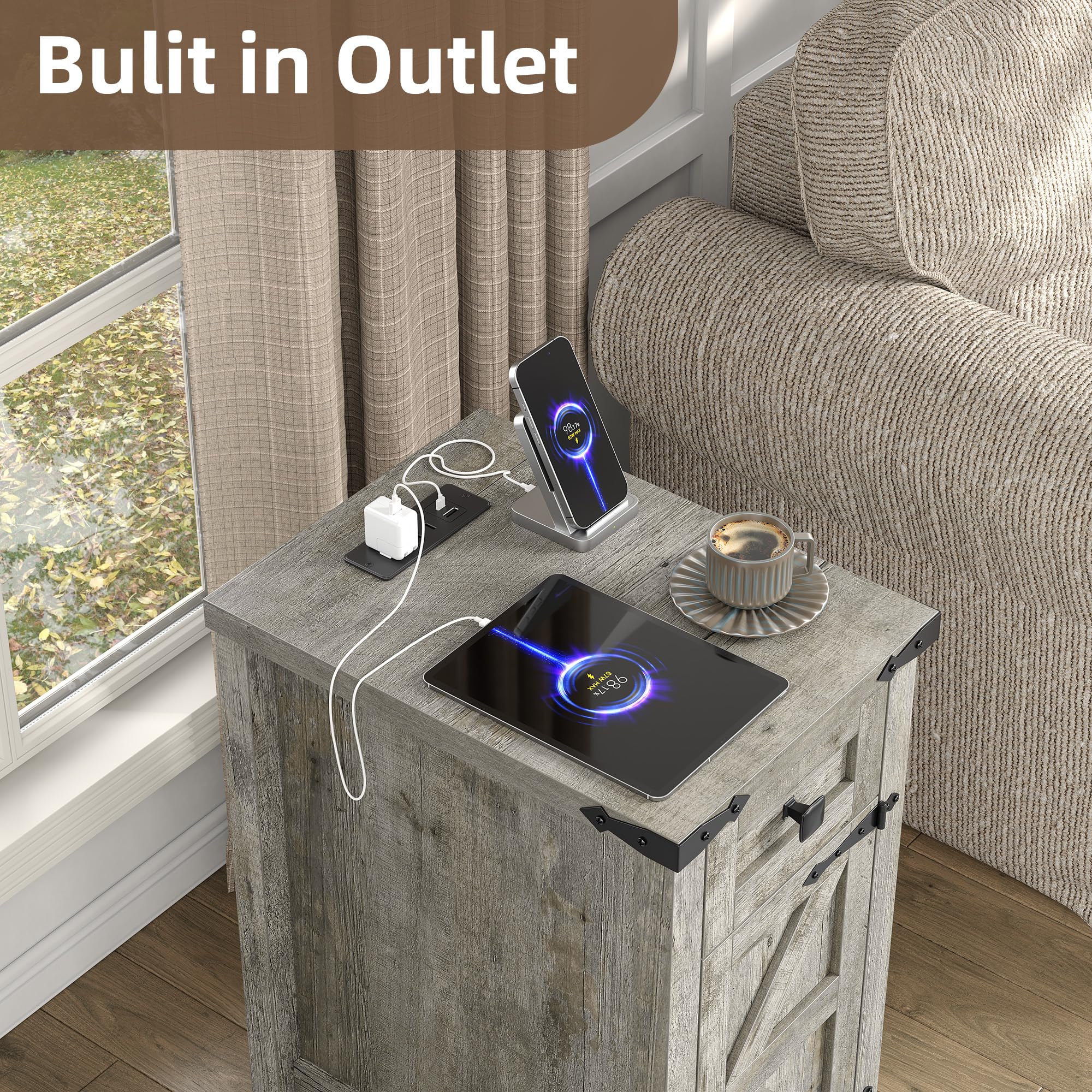 3-Piece Coffee & End Table Set with Charging Station, Oak Grey