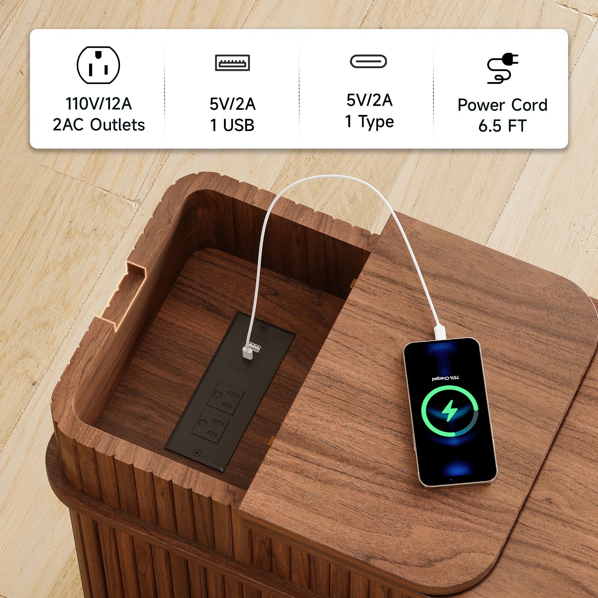 Fluted End Table with Charging Station