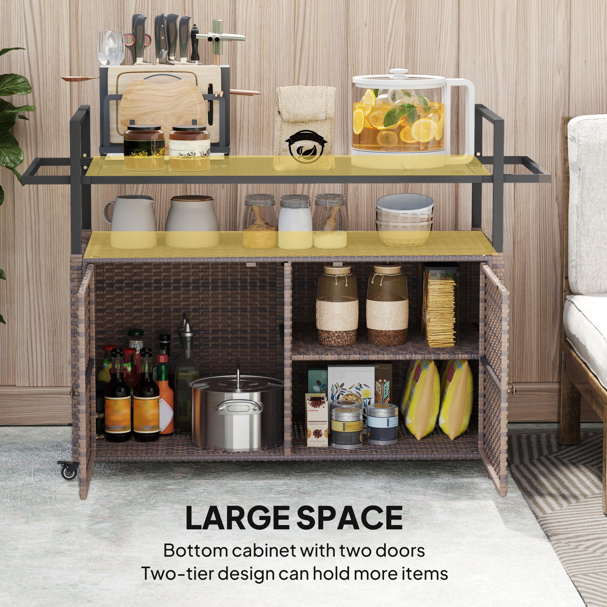 Outsunny PE Rattan Outdoor Storage Cabinet, Wicker Outdoor Bar Table Kitchen Island with Wheels & 2-Tier Shelf, Patio Serving Cart with Glass Top, Handles, Towel Racks for Poolside, Mixed Brown