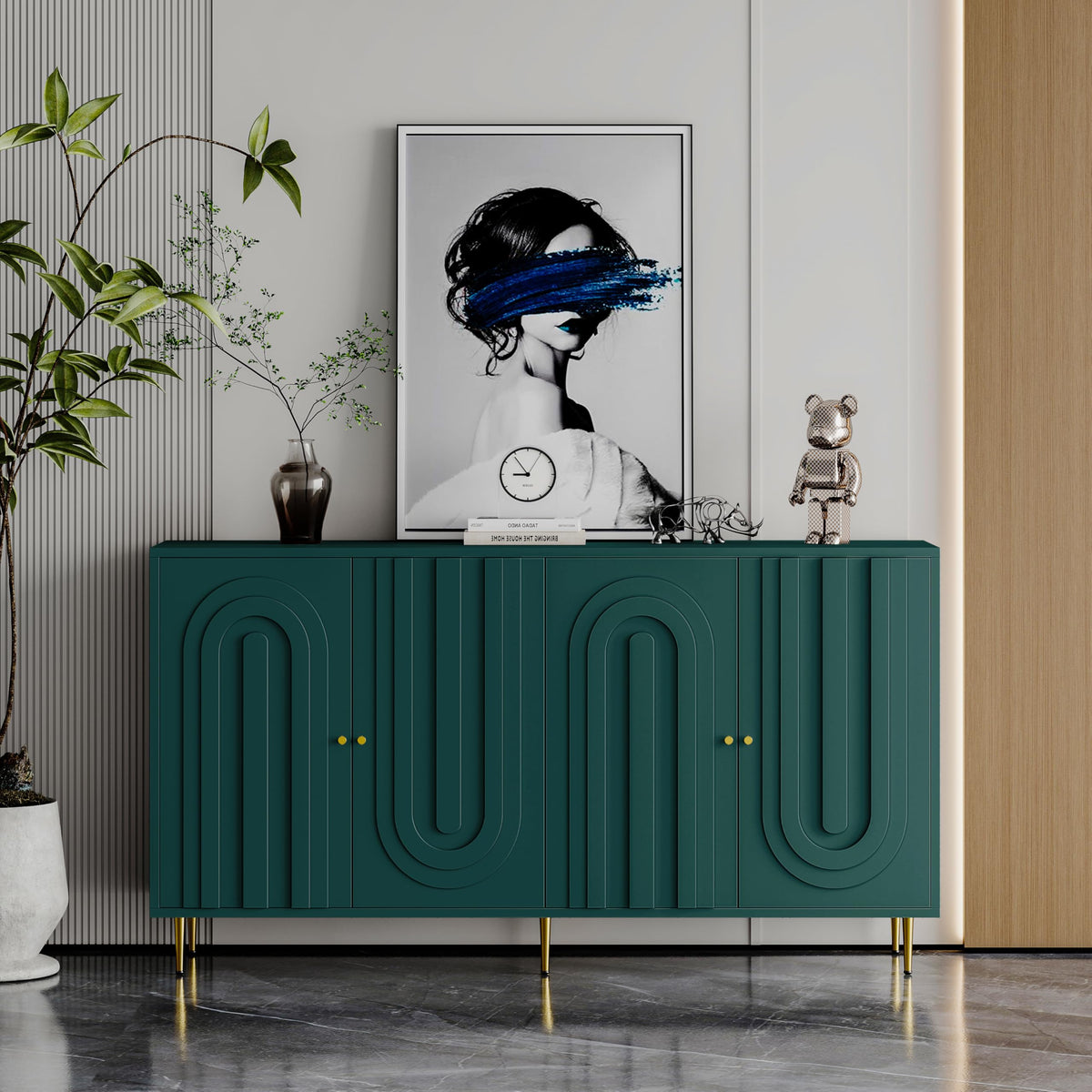 QIANYEWANG Modern Blue Lacquered 4 Door Wooden Cabinet Sideboard Buffet Server Cabinet Storage Cabinet, for Living Room, Entryway, Hallway, Office, Kitchen and Dining Room ，Green