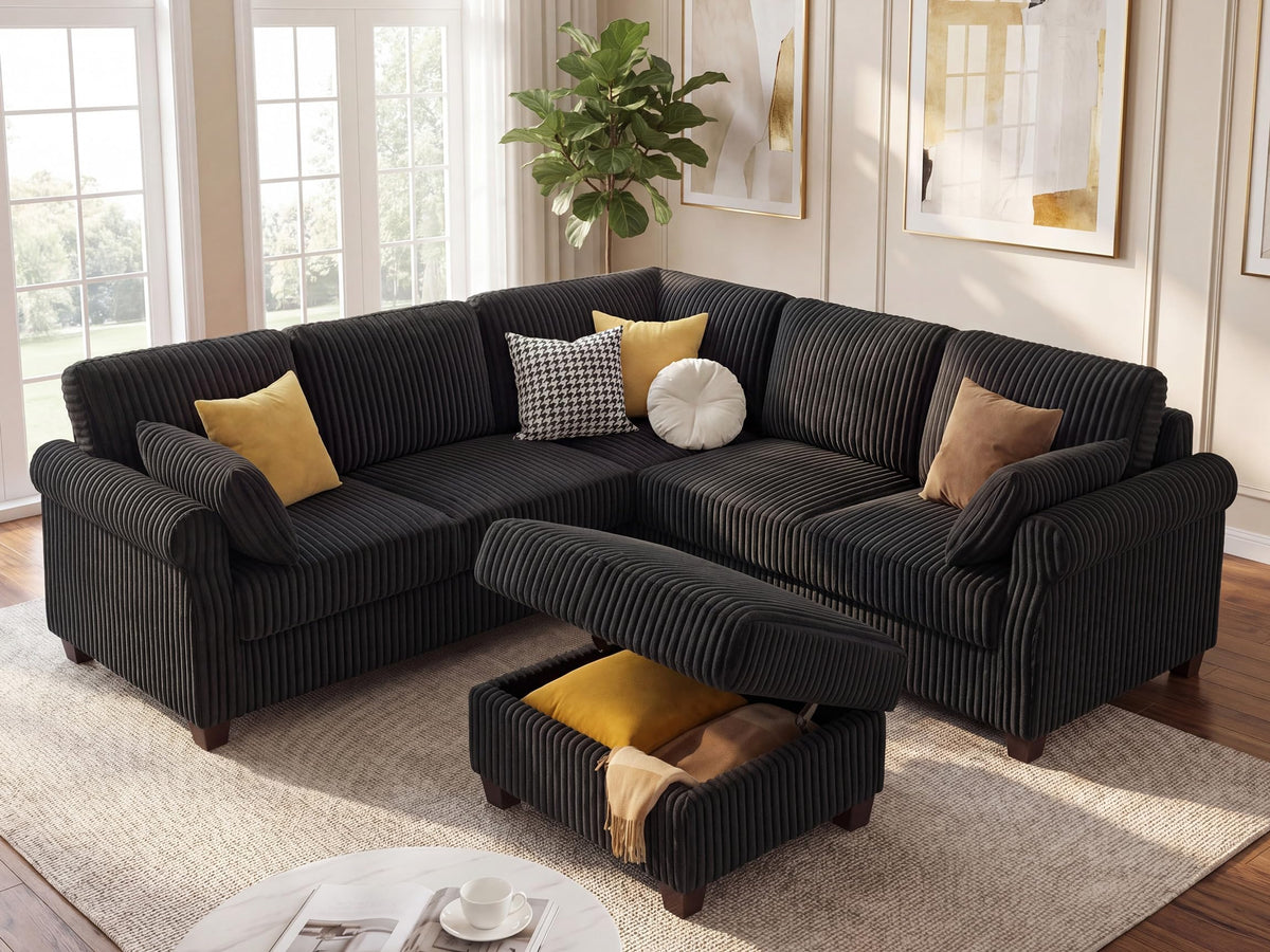 Corduroy Sectional Sofa with Storage Ottoman