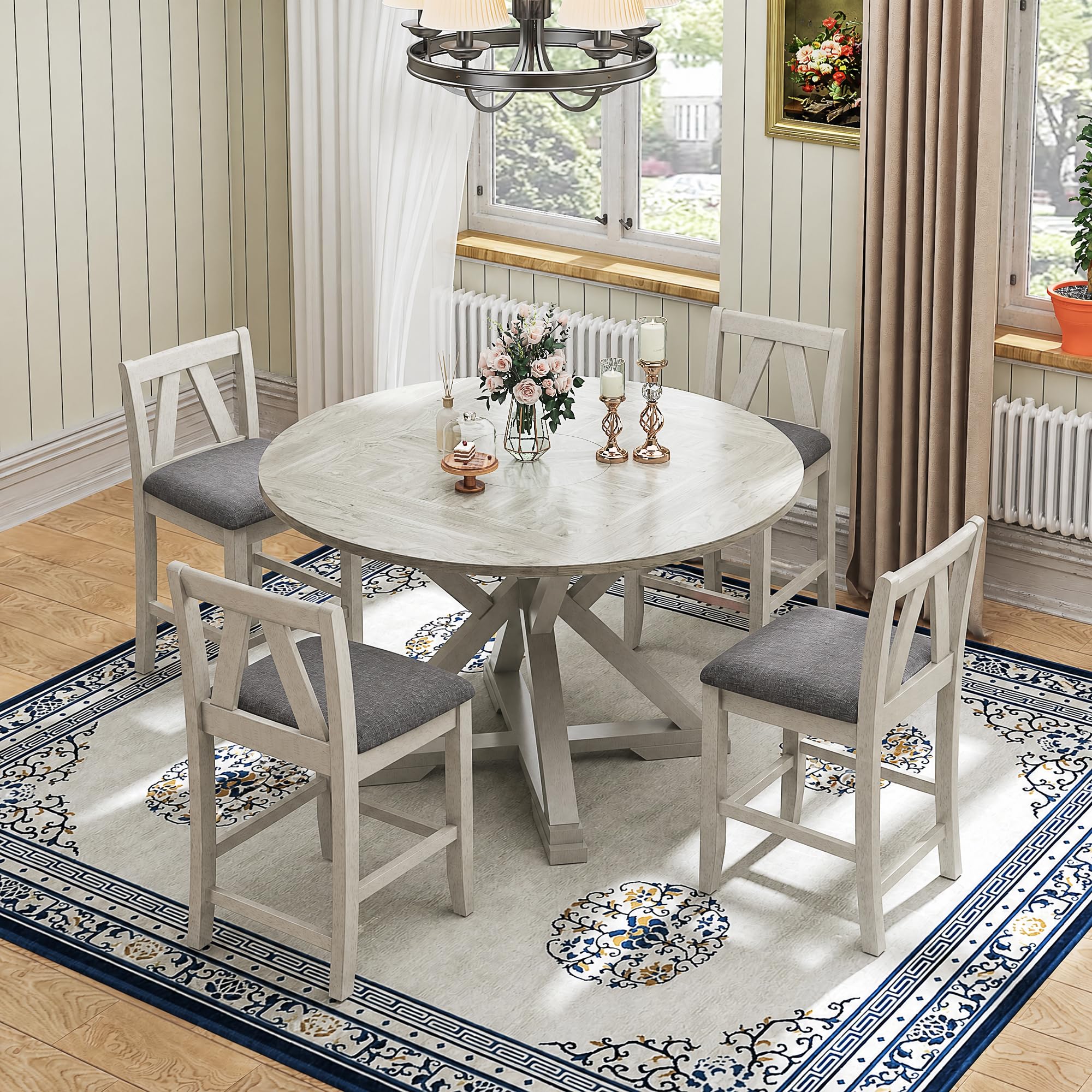 VECELO 7-Piece Solid Wood Foldable Dining Table Set for 6, Farmhouse Round Dining Table with 6 Upholstered Dining Chairs for Dining Room, Kitchen, Washed Gray
