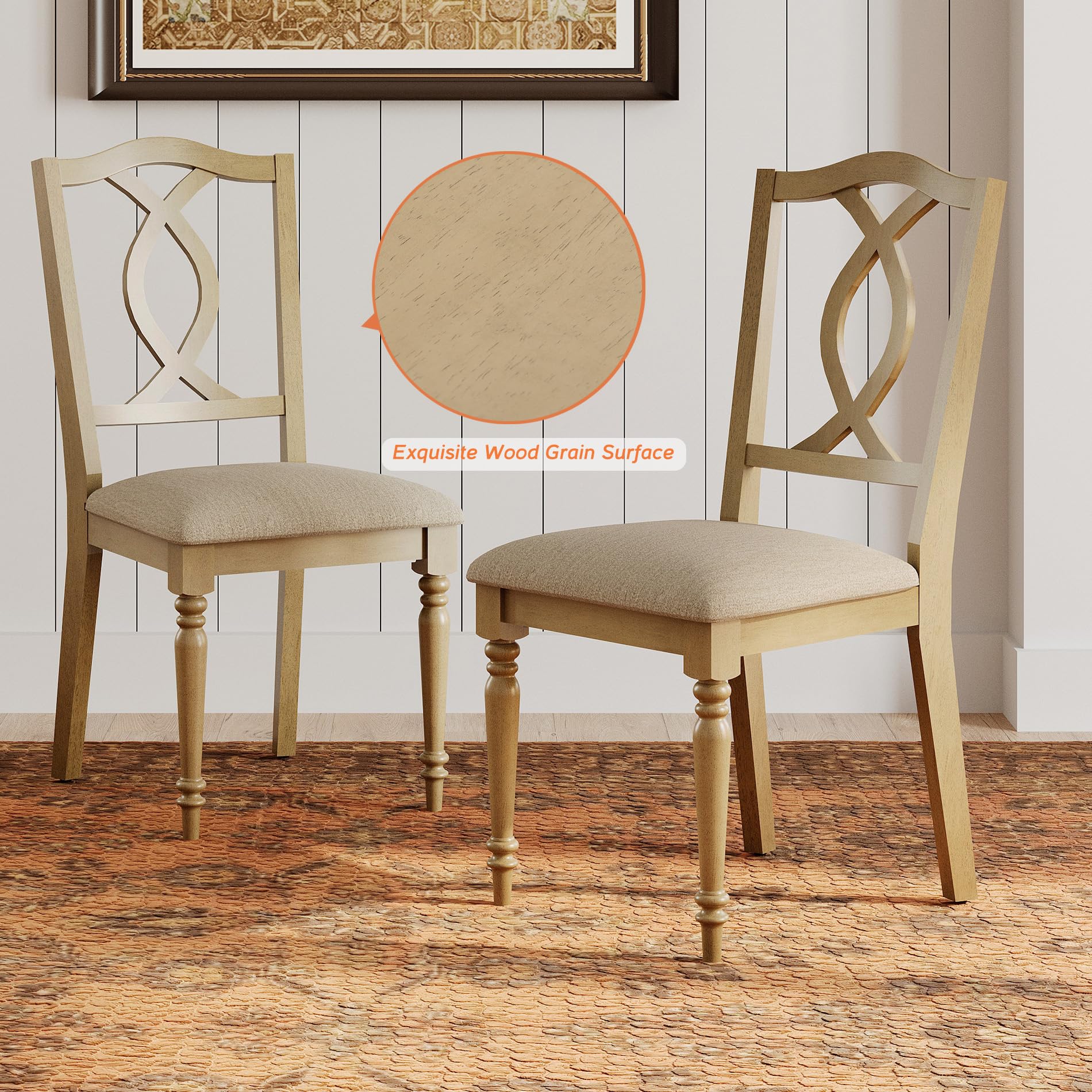 WAMPAT Dining Chairs Set of 2 Upholstered Chairs, Wood Dining Chair with Cross-Back & Rubber Wood Gourd-Shaped Leg, Farmhouse Kitchen Chair for Dining Room, Living Room, Oak