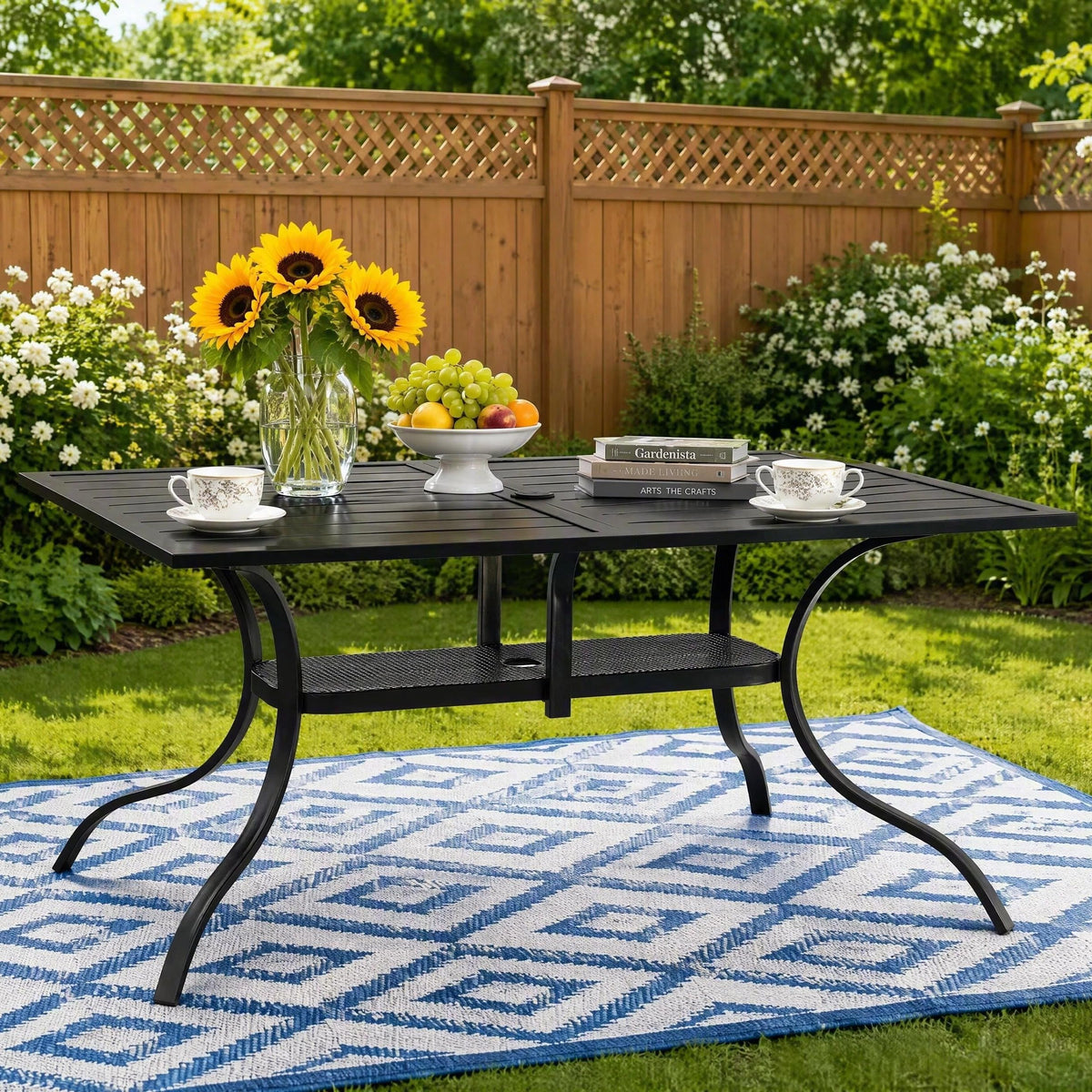 Crownland 60" x 36" Outdoor Rectangular Metal Dining Table, Classic Black