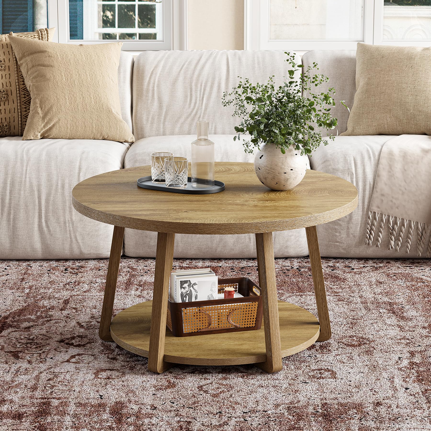LITTLE TREE Round Coffee Table, 2-Tier Center Table with Storage, Wooden Legs, 31.5 Dia. x 19.6 H Inches, Easy Assembly, Circle Coffee Tables for Living Room, Bedroom