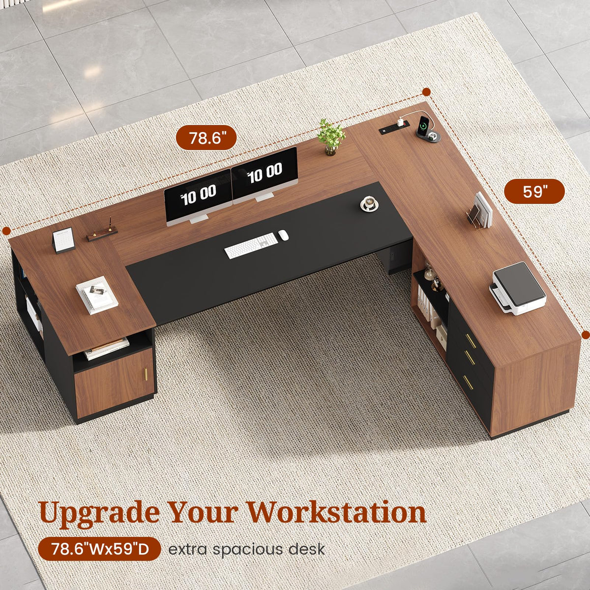 L-Shaped Executive Desk with File Cabinet