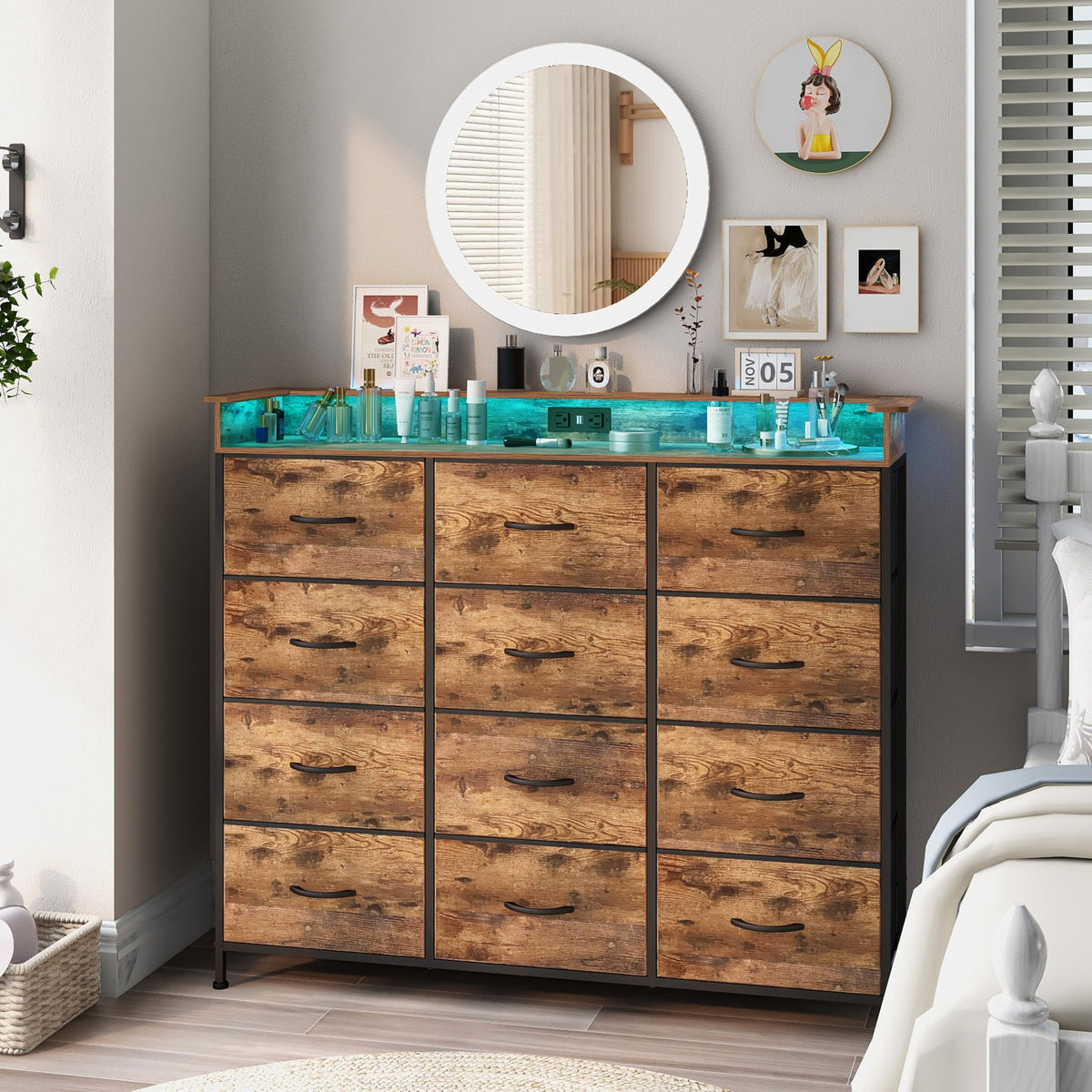 Welfuturer Dresser for Bedroom with 12 Drawers Clothes Dresser with Charging Station and LED Light Fabric Storage Tower for Living Room Hallway Closet Sturdy Steel Frame Wooden Top Rustic Brown