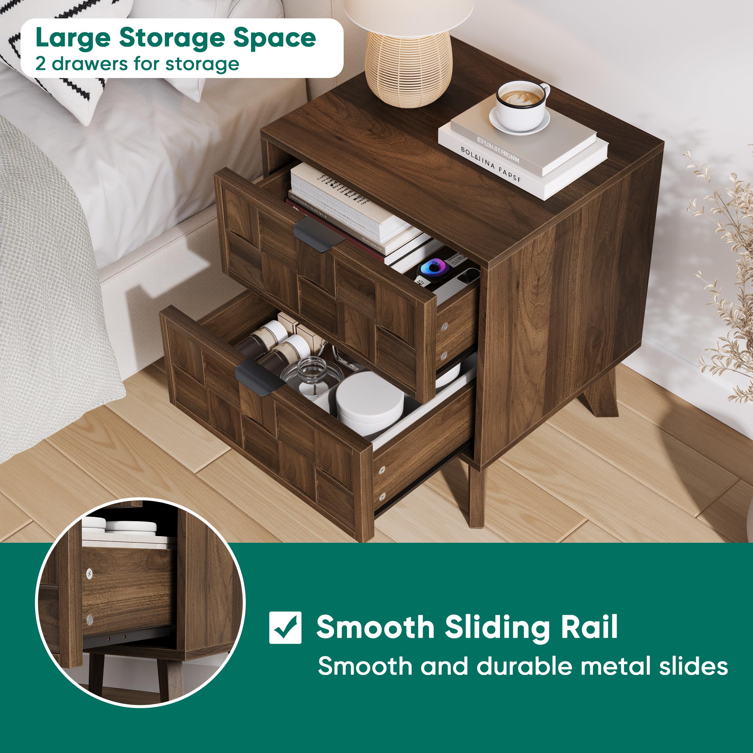 Walnut Nightstand with Embossed Checkerboard Drawers