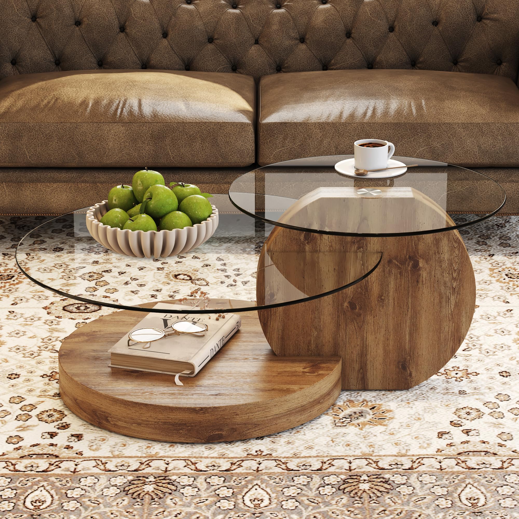 Round Glass Coffee Table with Wood Base & 3-Tier Storage