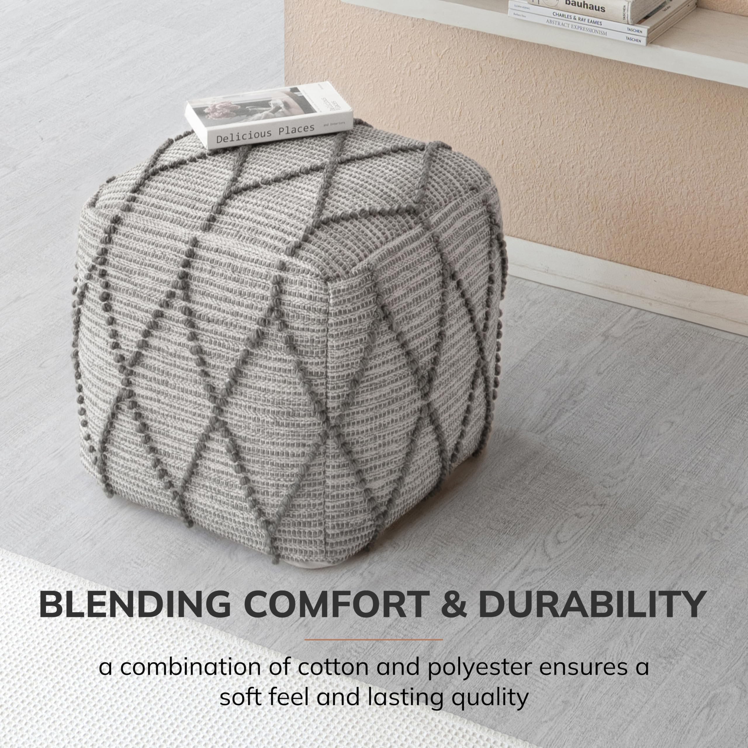 Anji Mountain Pouf Ottoman Foot Rest, Handmade Ottoman Pouf, Comfortable Foot Stool, Decorative Floor Seating for Living Room Decor, Bedroom & Home Décor Accent - Warm Gray