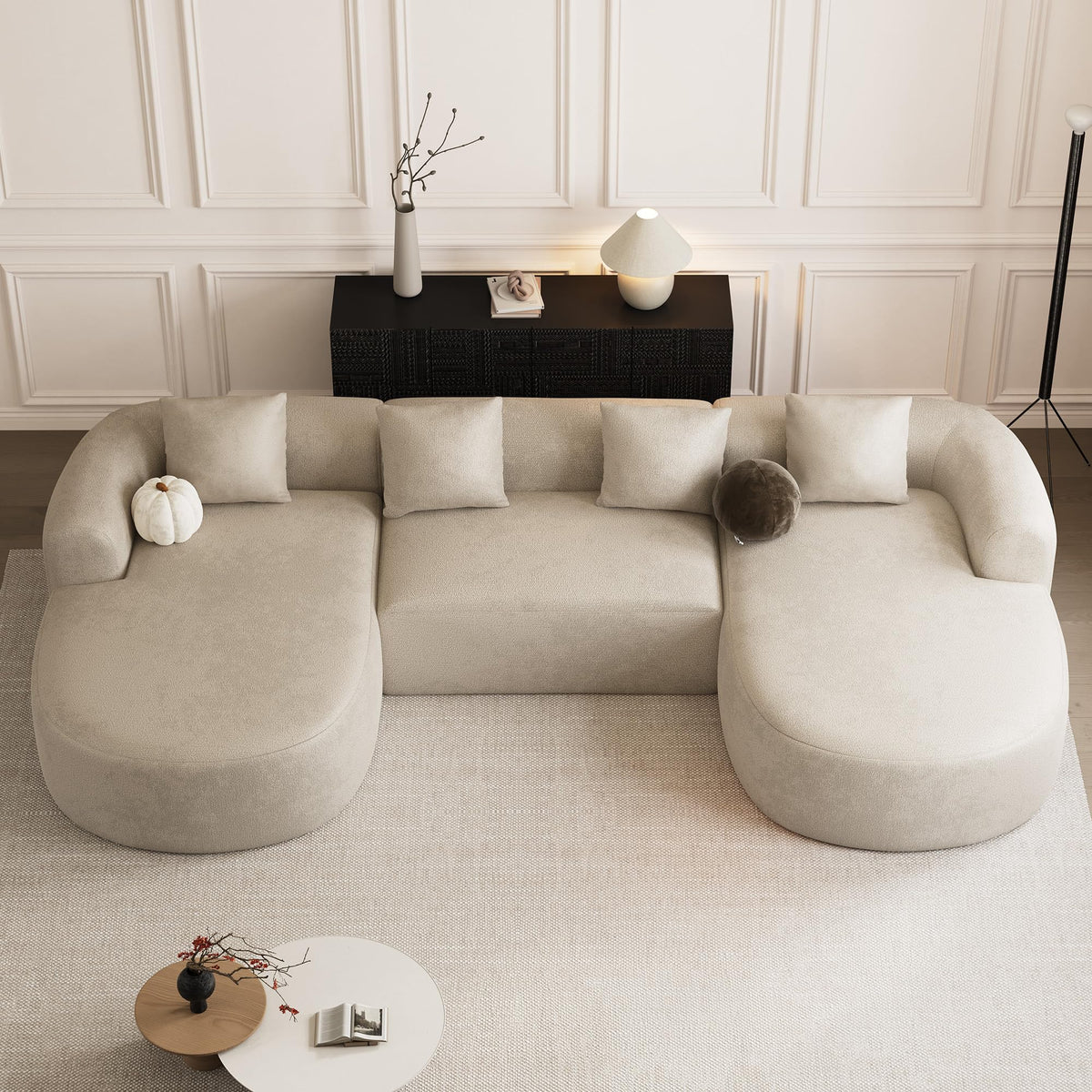 ONEMMLION 136" Oversized Boneless U-Shaped Sectional Sofa, Light Brown