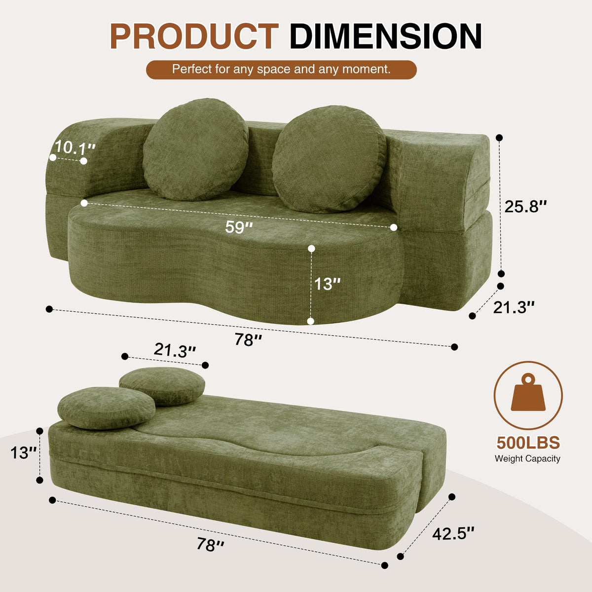 Shintenchi 78" Convertible Sofa Bed, Sleeper Boneless Futon Sofa, Green