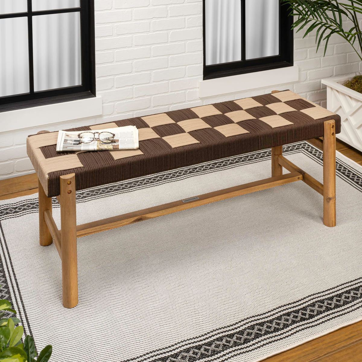 Acacia Wood Woven Rope Bench